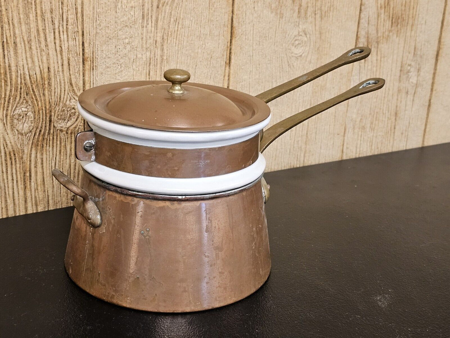 Vintage French Copper Brass Bazar Francais NY 666 Double Boiler 13" Wide X 7" Ta