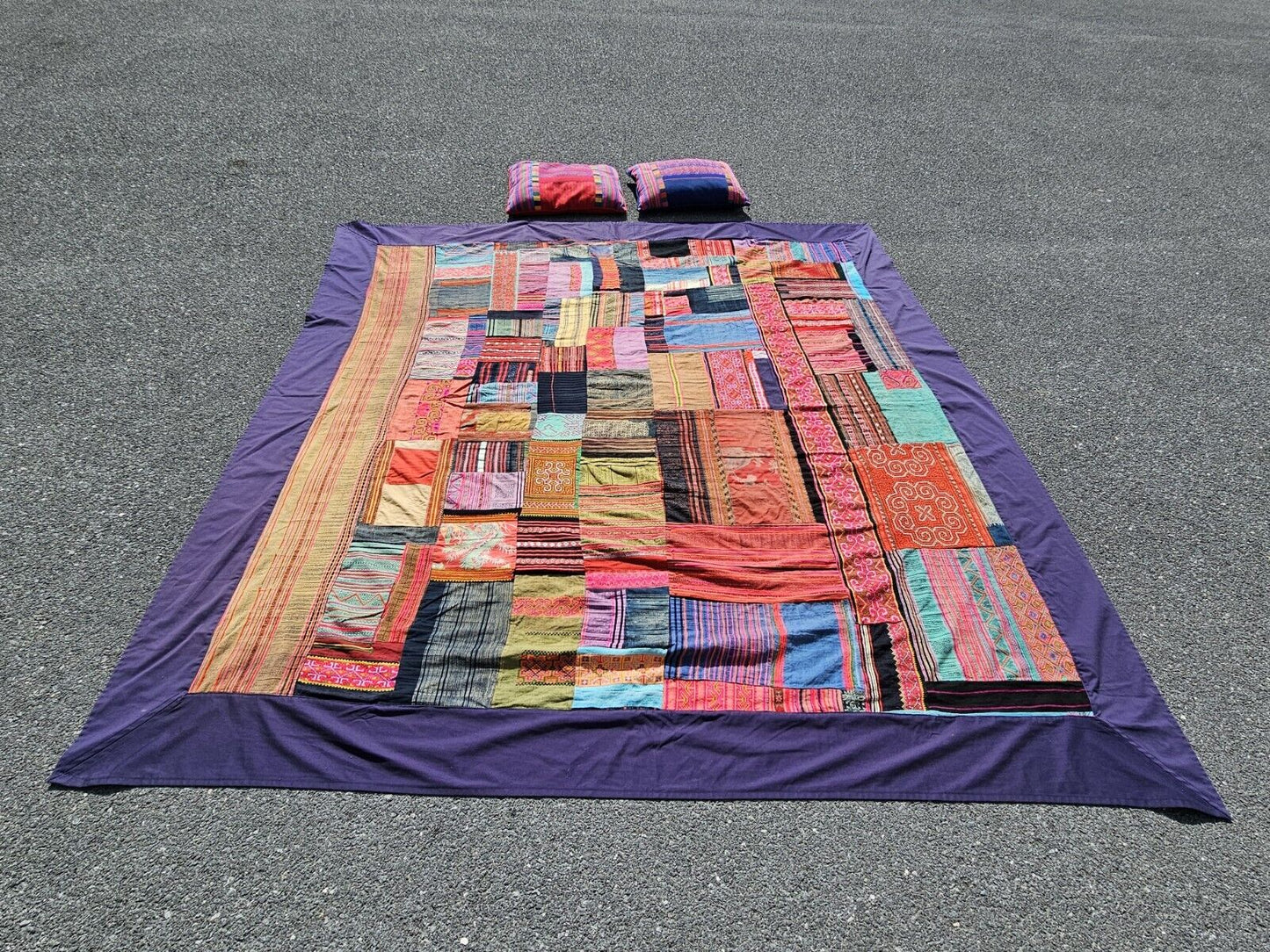 Vtg Tribal Indian Patchwork Quilt & Pillow Set Hand Stitched 99in X 96in