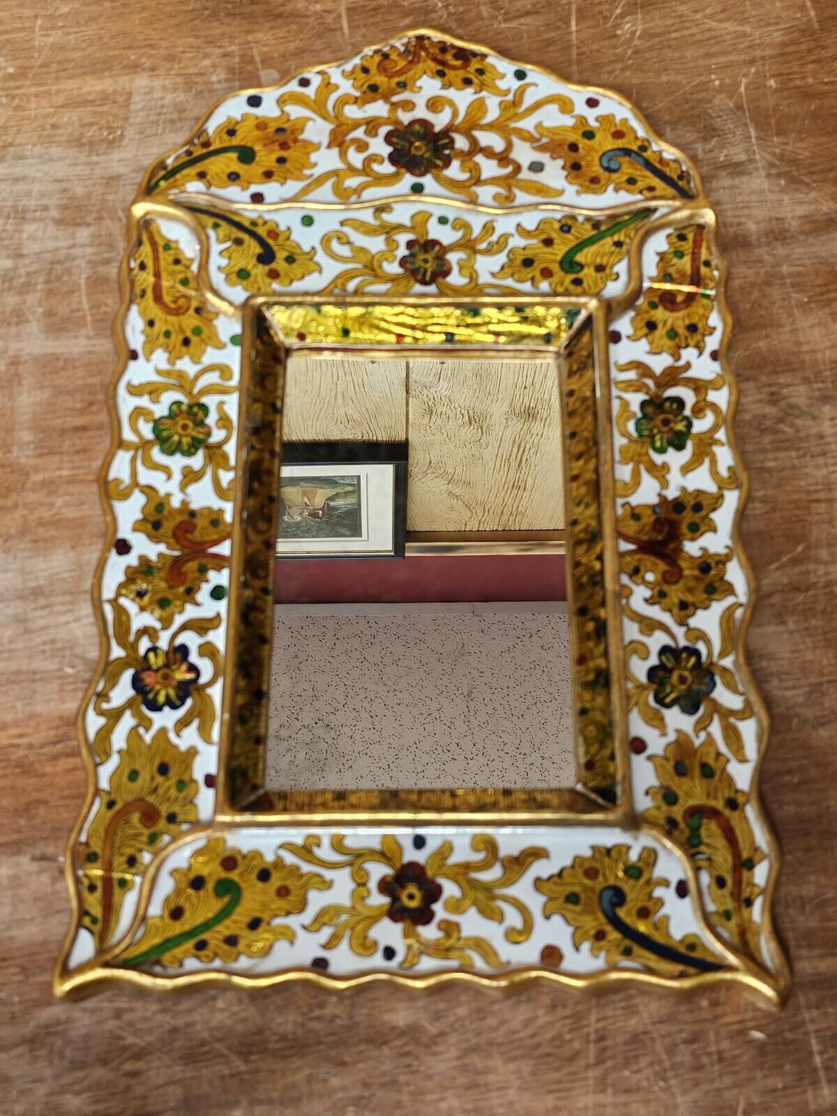 Vtg Reverse Hand Painted Glass Mirror On Wood With Gold Leaf & Ornate Medallions