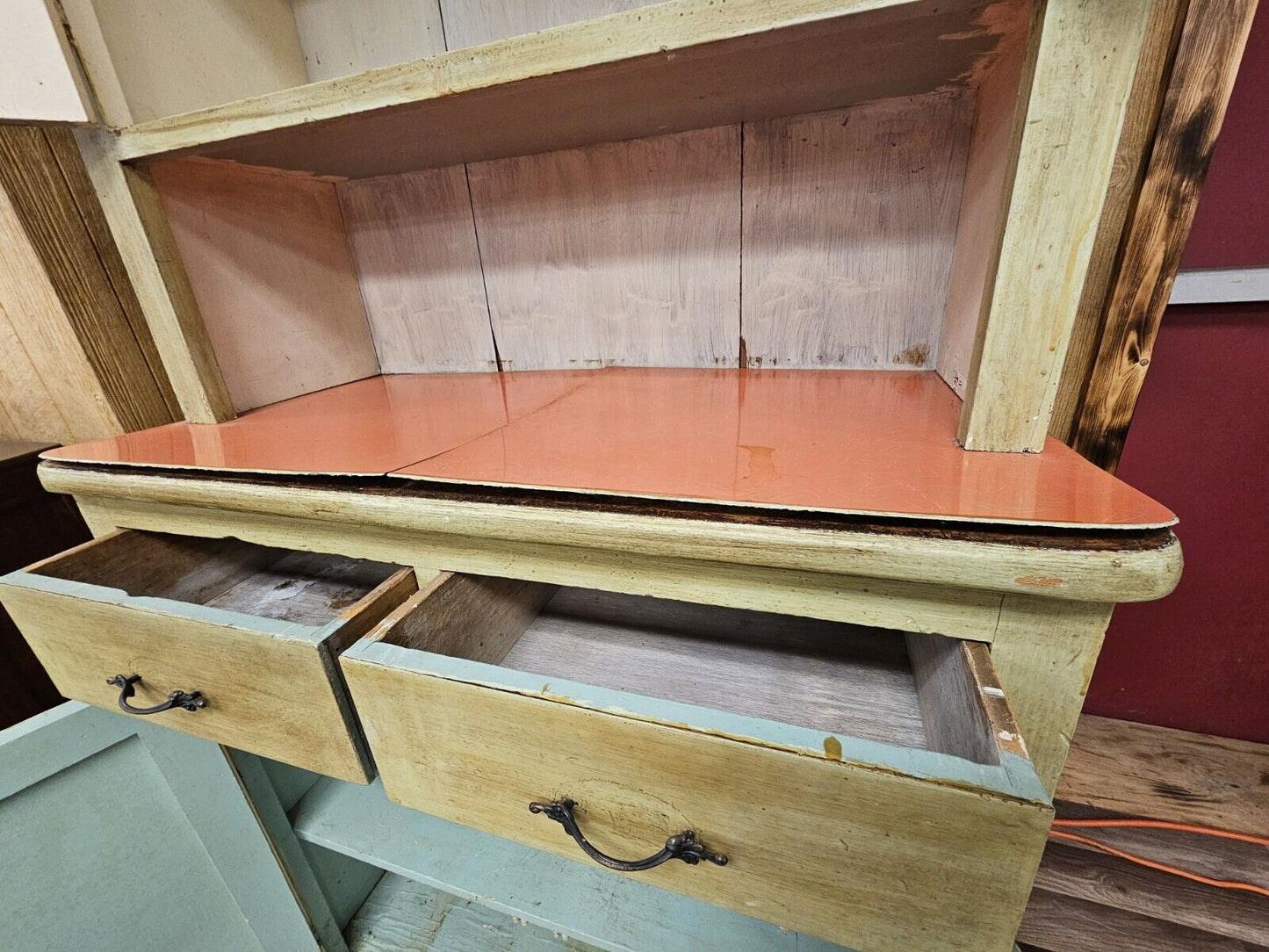 Antique Primitive Southern Country Farm Pine Storage Display Cabinet Green Hutch
