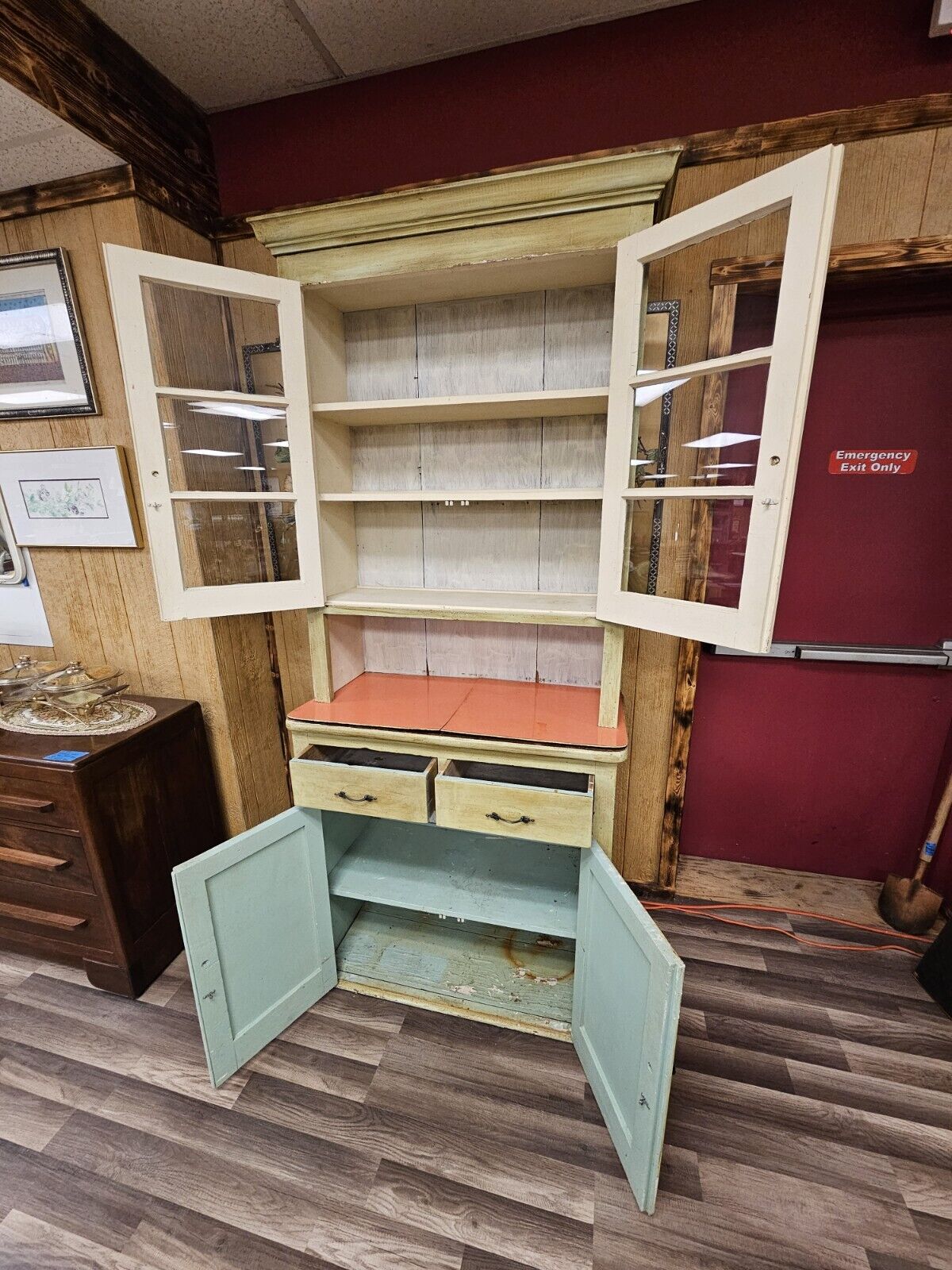 Antique Primitive Southern Country Farm Pine Storage Display Cabinet Green Hutch