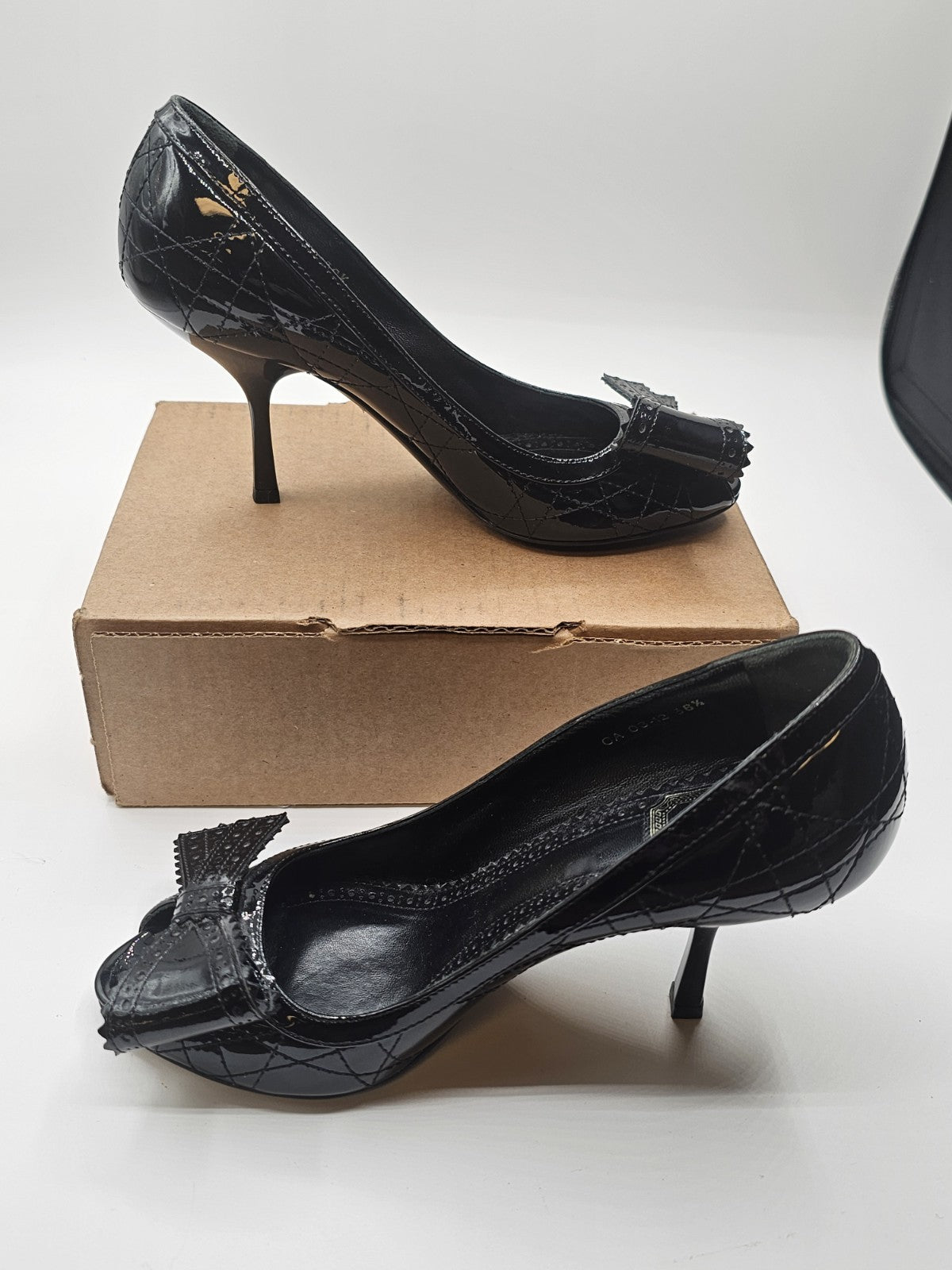 Christian Dior Black Canage Patent Leather Bow Peep Toe Pumps Size 36.5 Used