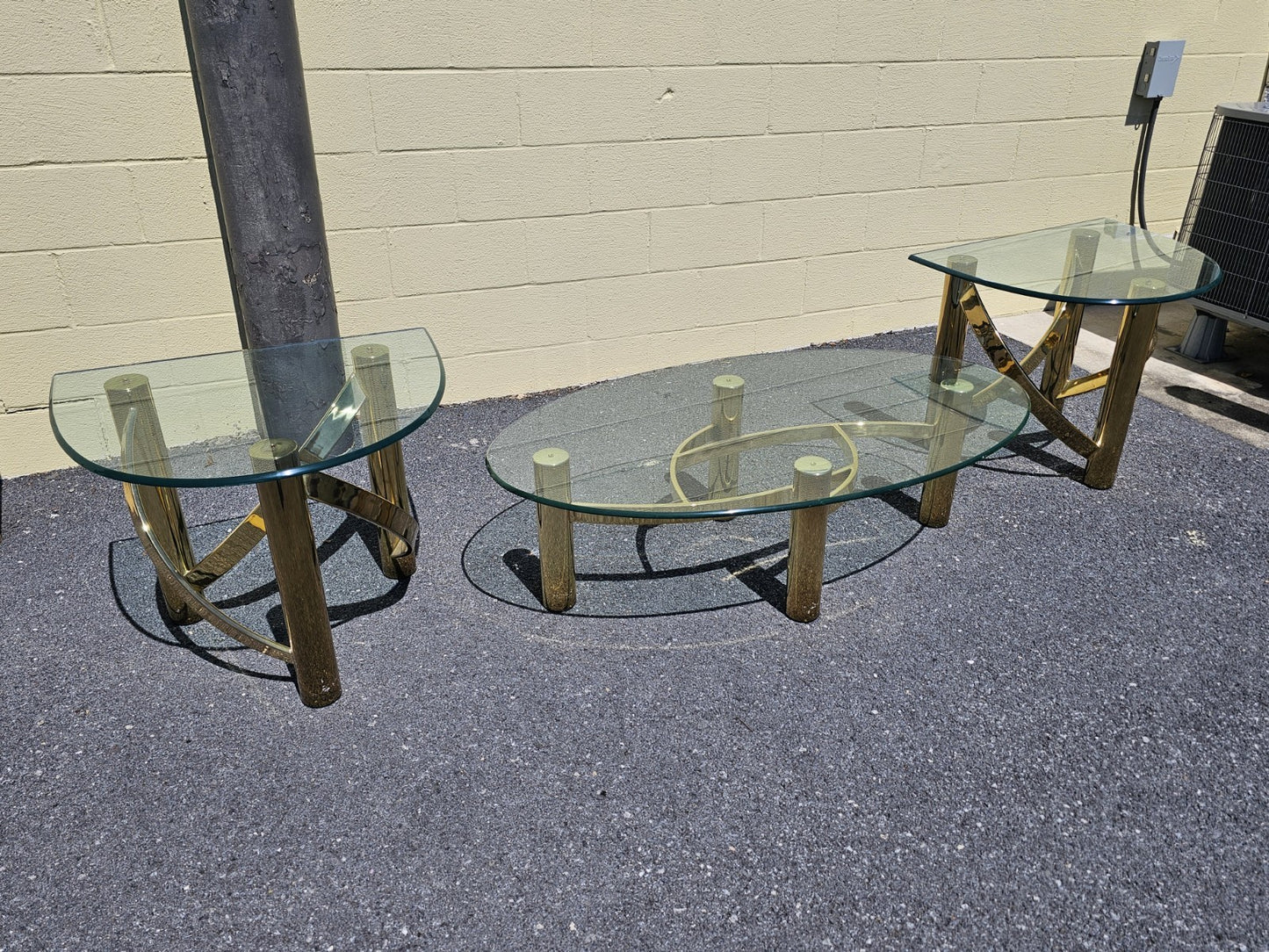 1980s Post Modern Tubular Brass & Beveled Glass Side Table Coffee Table Set