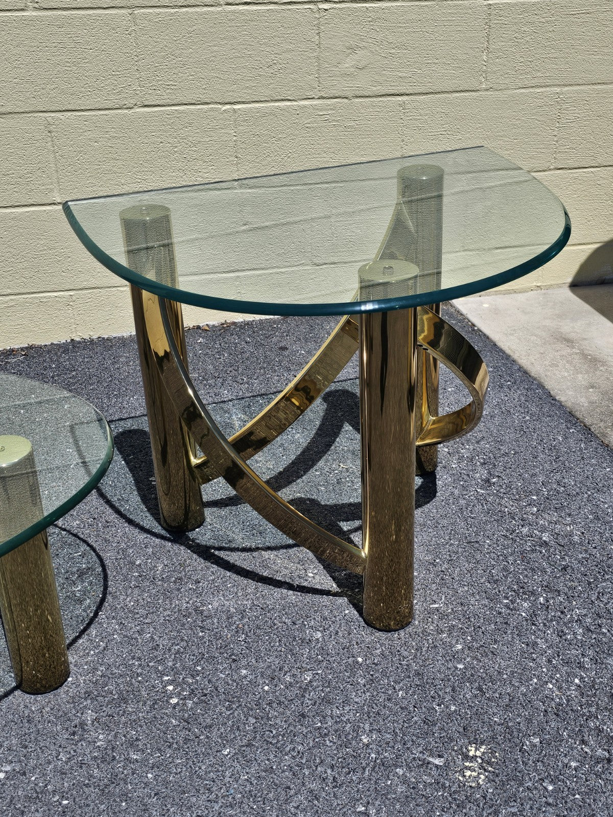 1980s Post Modern Tubular Brass & Beveled Glass Side Table Coffee Table Set