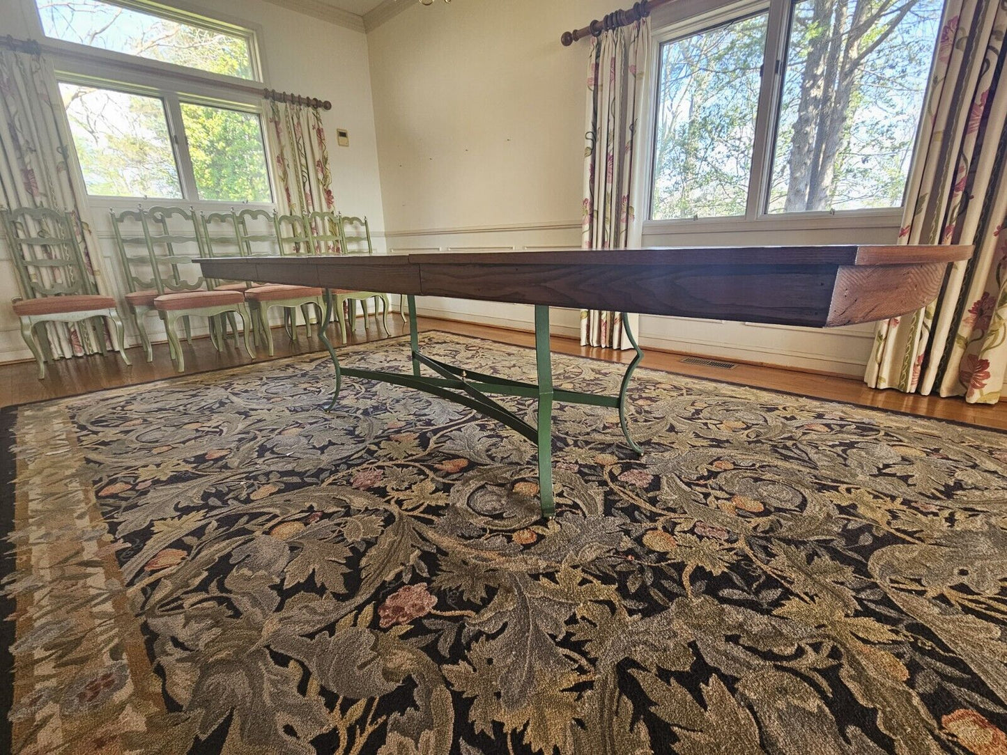 Wormy Chestnut Dining Table & 8 Chair Set 114 Inches Long On Modified Base