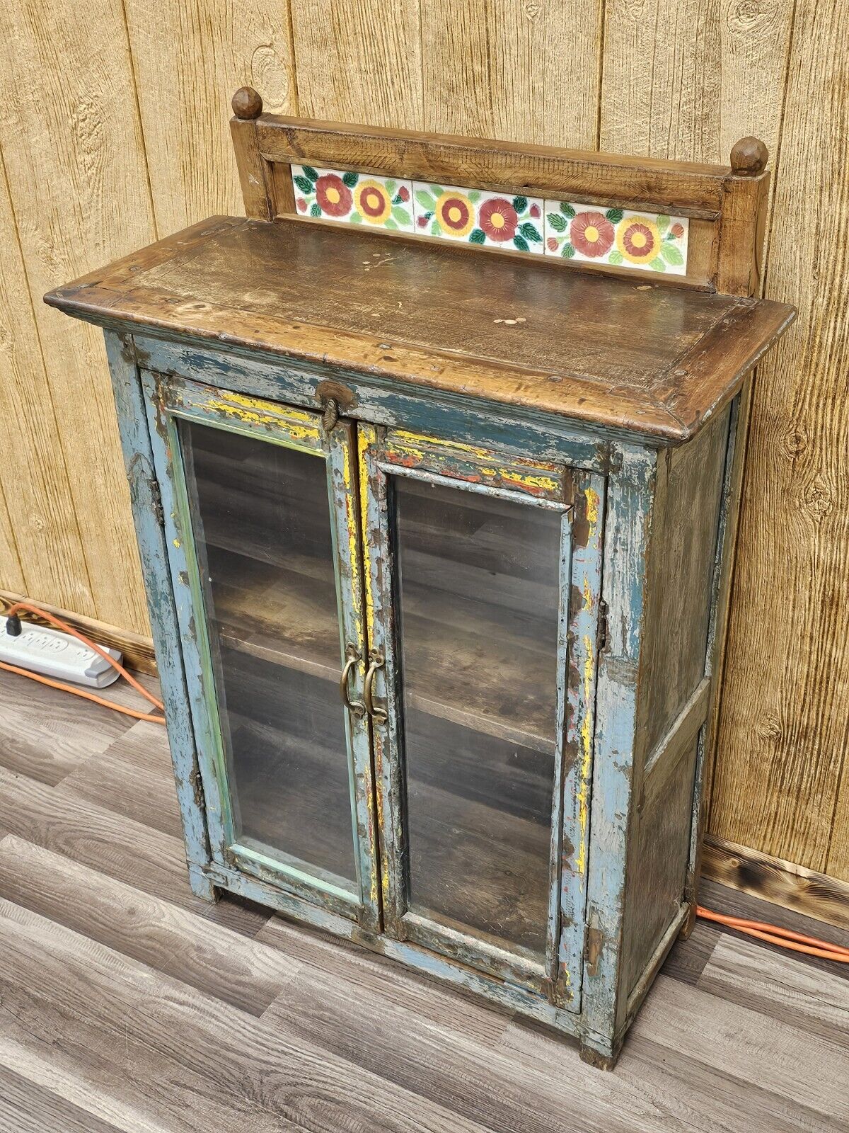 Antique Folk Art Distressed Shabby Chic Storage Display Cabinet 39 In Tall