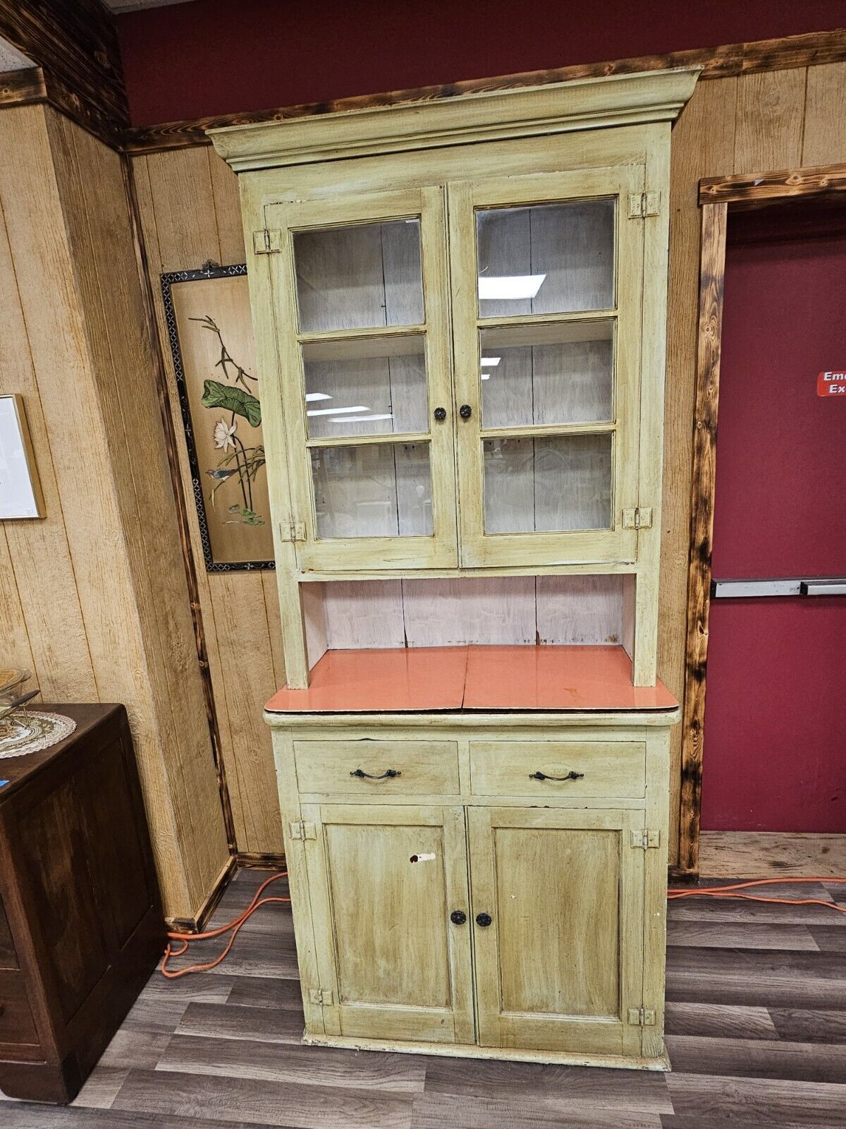 Antique Primitive Southern Country Farm Pine Storage Display Cabinet Green Hutch