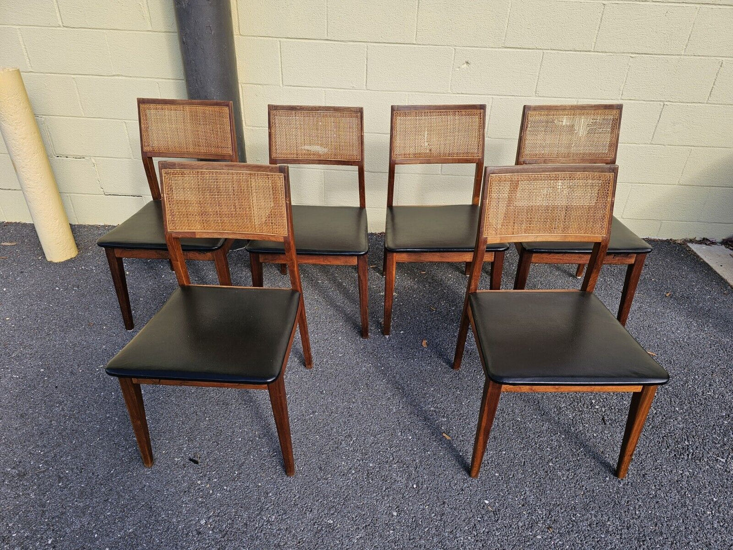 Mid Century Walnut Cane Back Dining Chairs Set Of 6 Jack Cartwright? Needs Work
