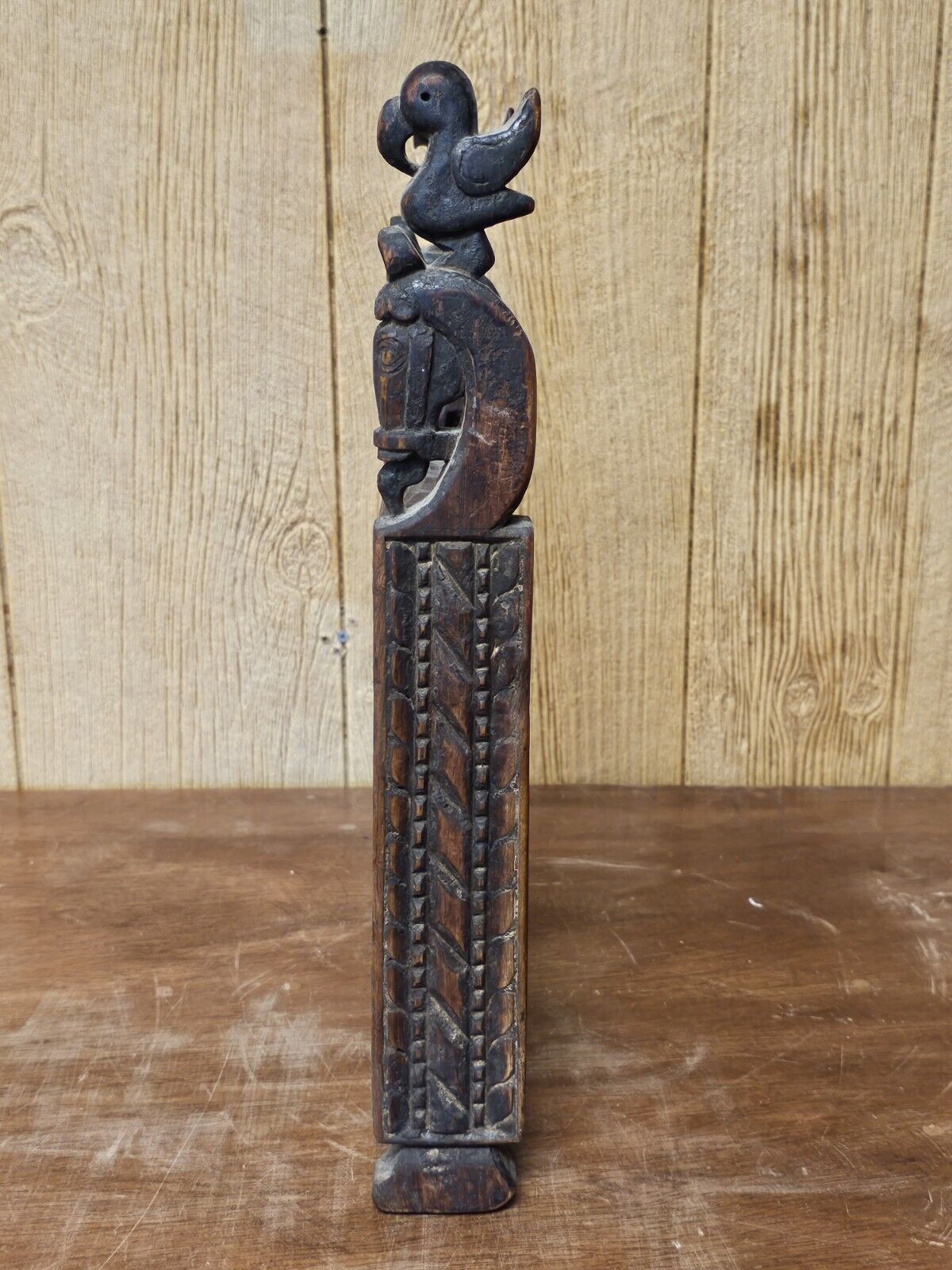 Antique Handmade Mirror Carved Teak Horsehead & Raven Tribal Scandinavian Viking