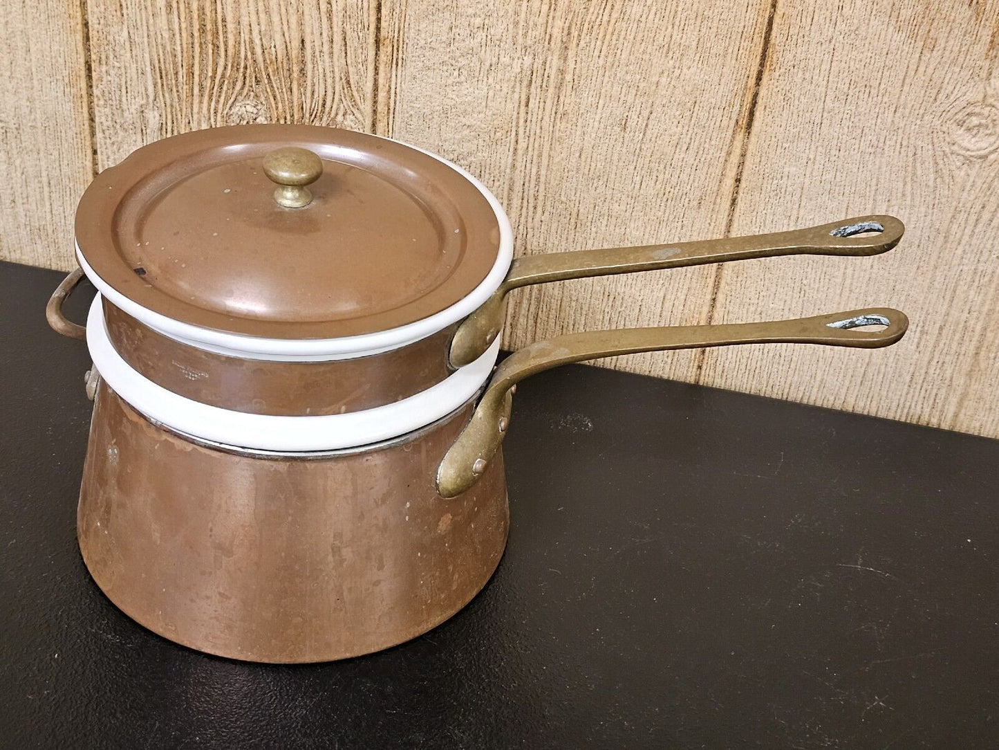 Vintage French Copper Brass Bazar Francais NY 666 Double Boiler 13" Wide X 7" Ta