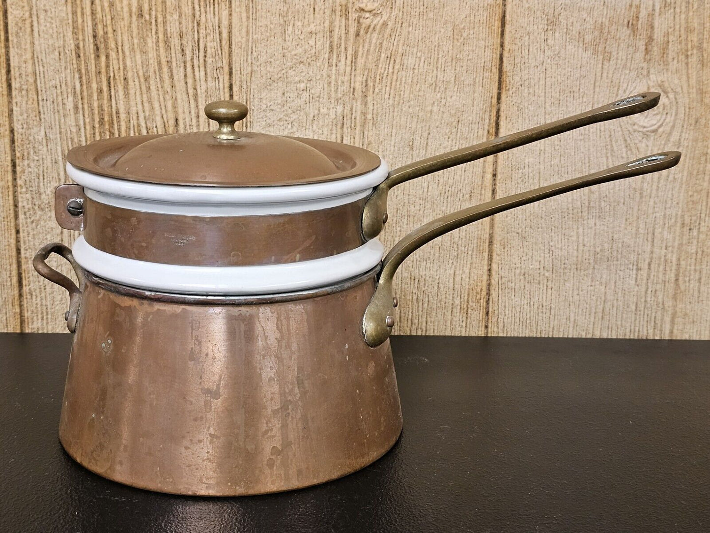 Vintage French Copper Brass Bazar Francais NY 666 Double Boiler 13" Wide X 7" Ta