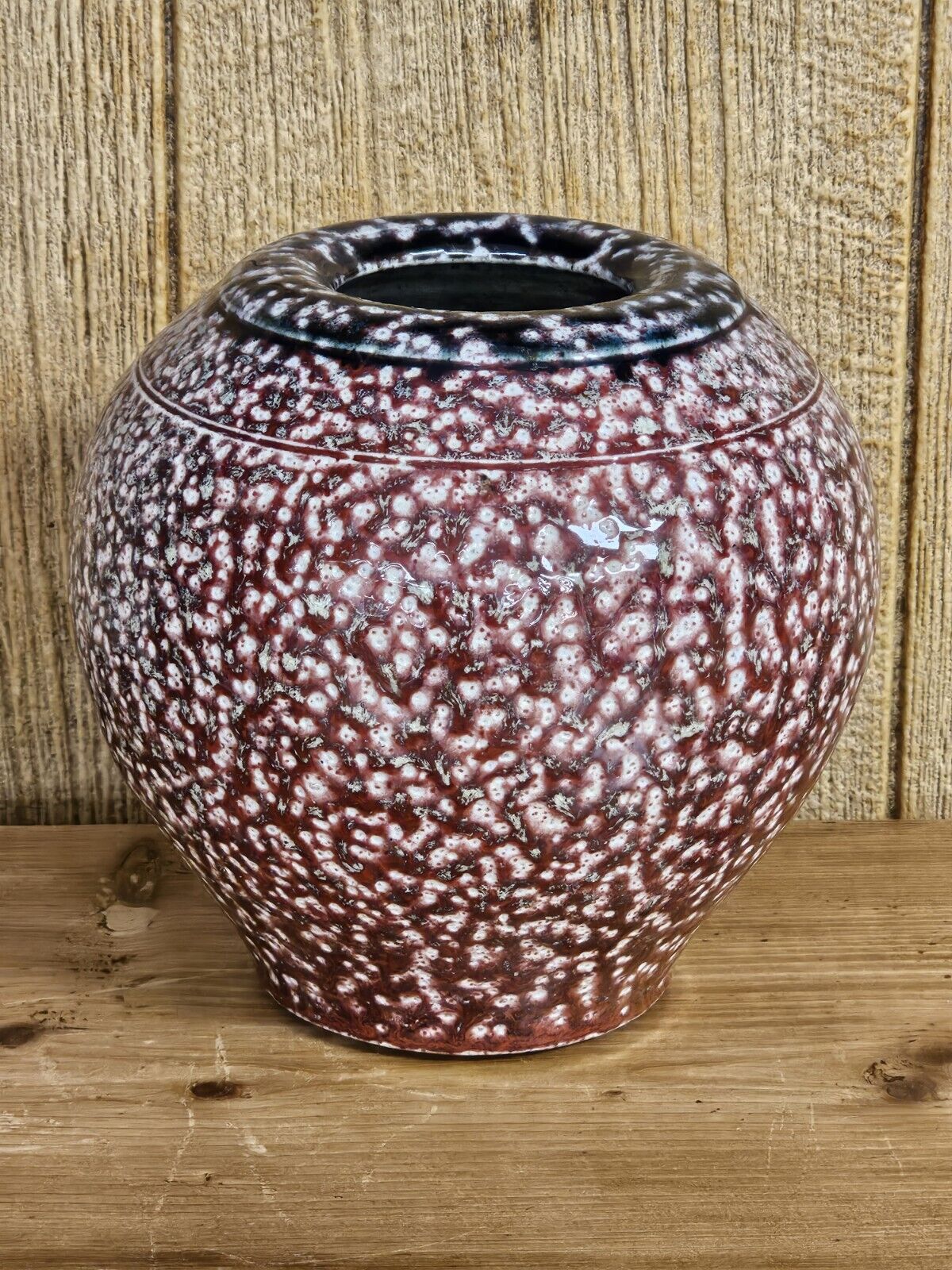 High Quality "Spongeware" Vase Iridescent Red White & Dark Blue Green 7" Tall