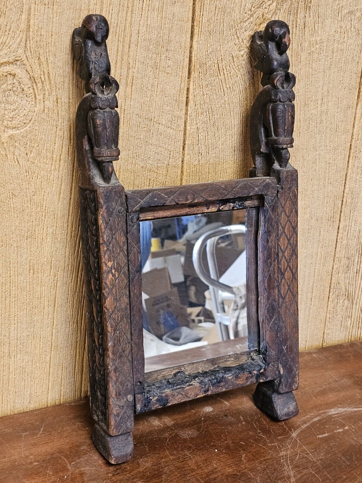 Antique Handmade Mirror Carved Teak Horsehead & Raven Tribal Scandinavian Viking