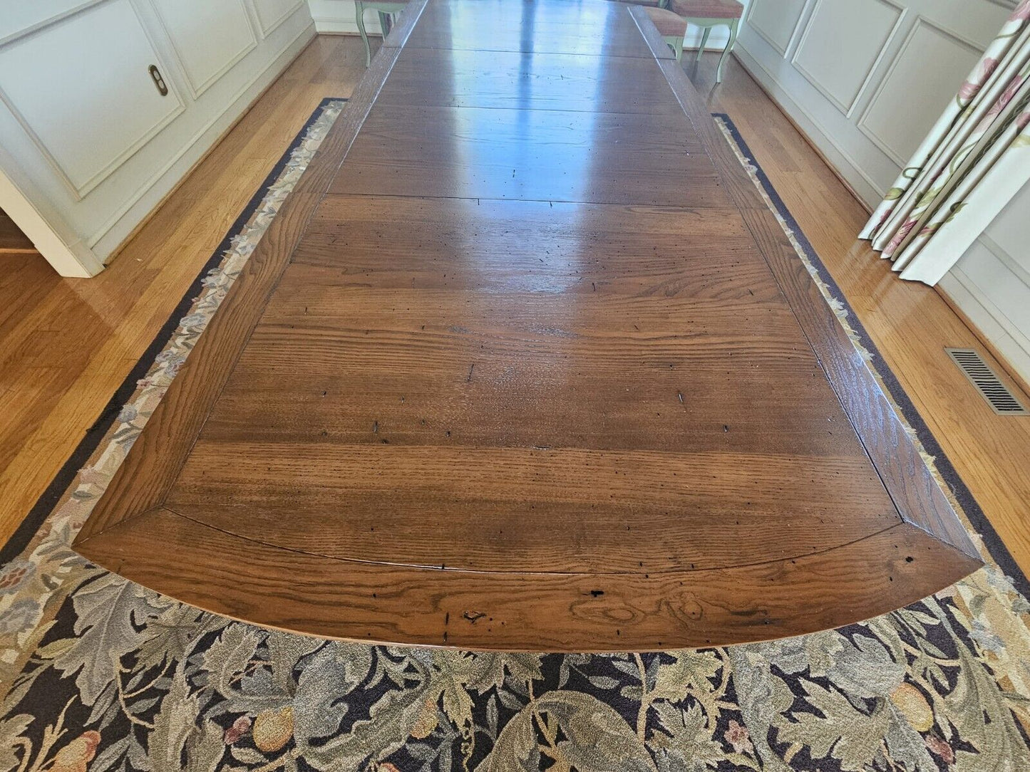 Wormy Chestnut Dining Table & 8 Chair Set 114 Inches Long On Modified Base