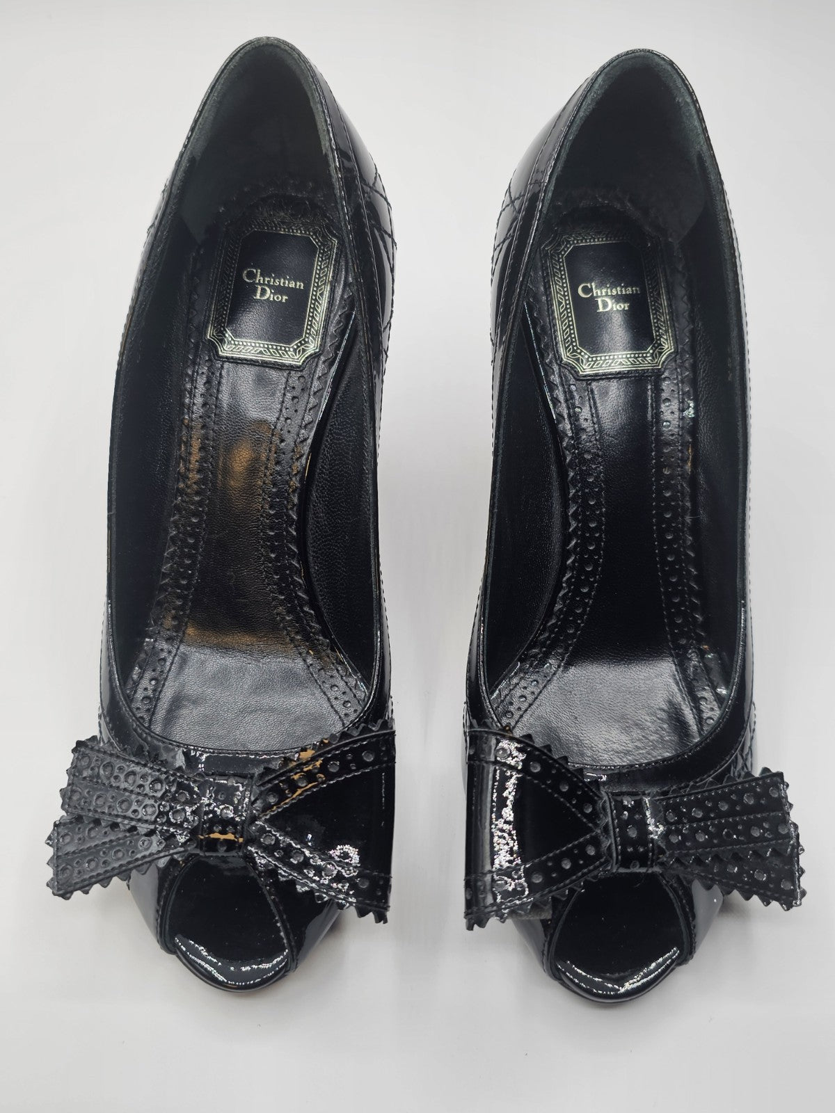 Christian Dior Black Canage Patent Leather Bow Peep Toe Pumps Size 36.5 Used