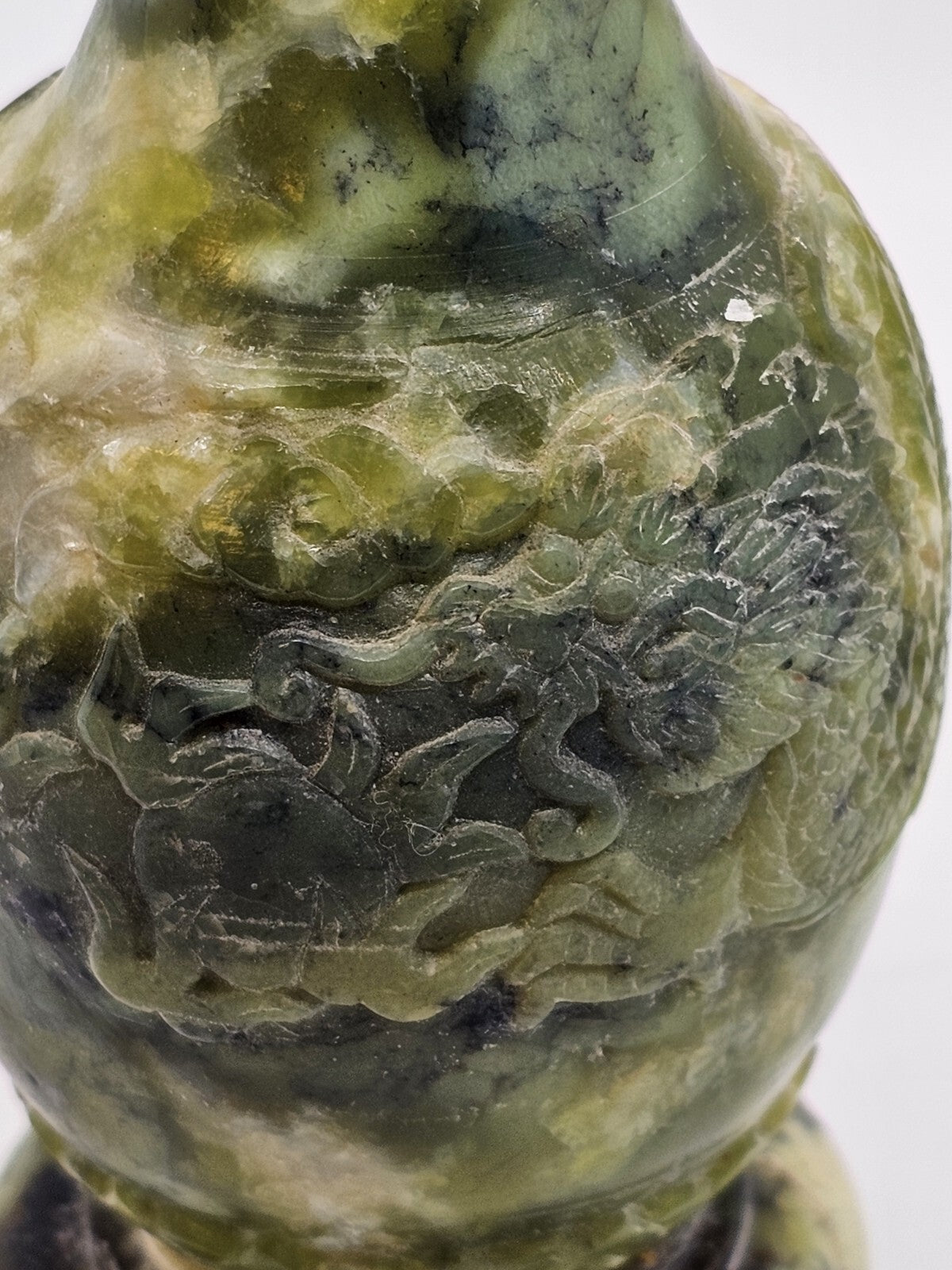 Vtg Chinese Green Jade Like Soapstone Vase With Dragon & Original Tag 6" Tall
