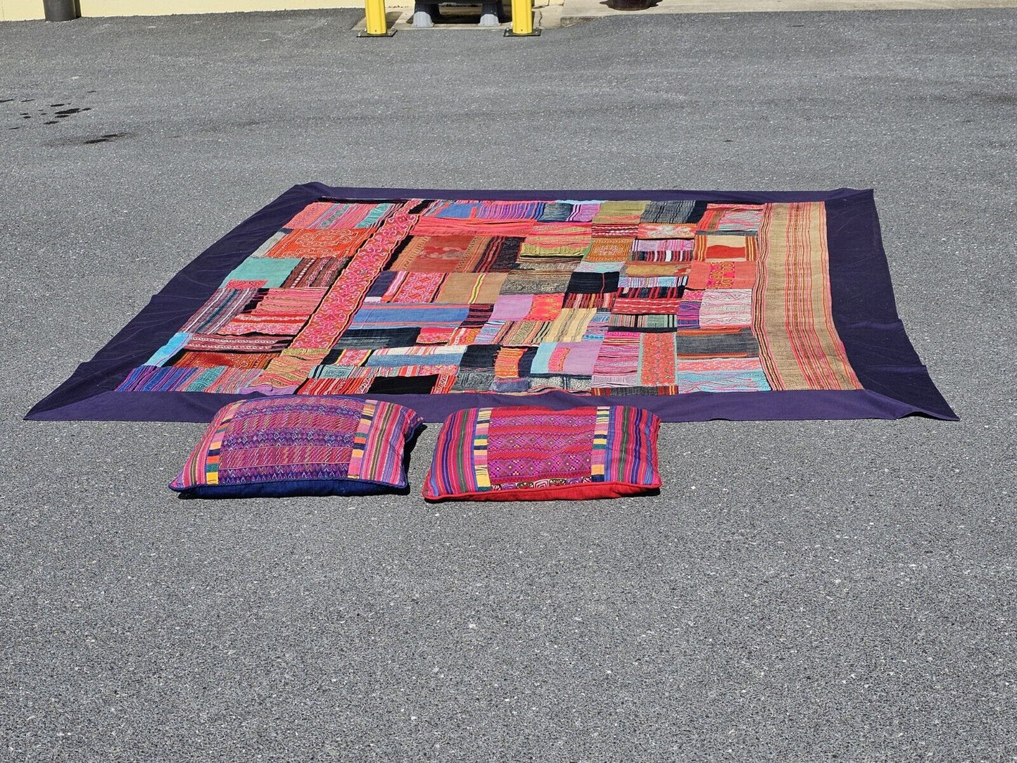 Vtg Tribal Indian Patchwork Quilt & Pillow Set Hand Stitched 99in X 96in