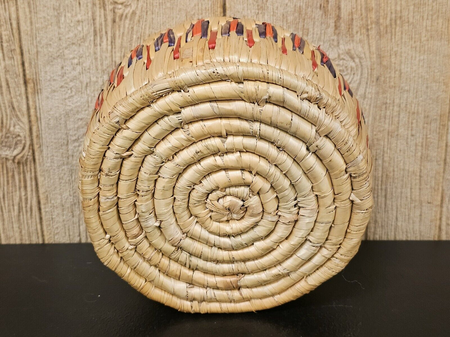 Vintage 1960s Mid-Century Hand Made Round Lidded Woven Basket Storage Sewing 9in