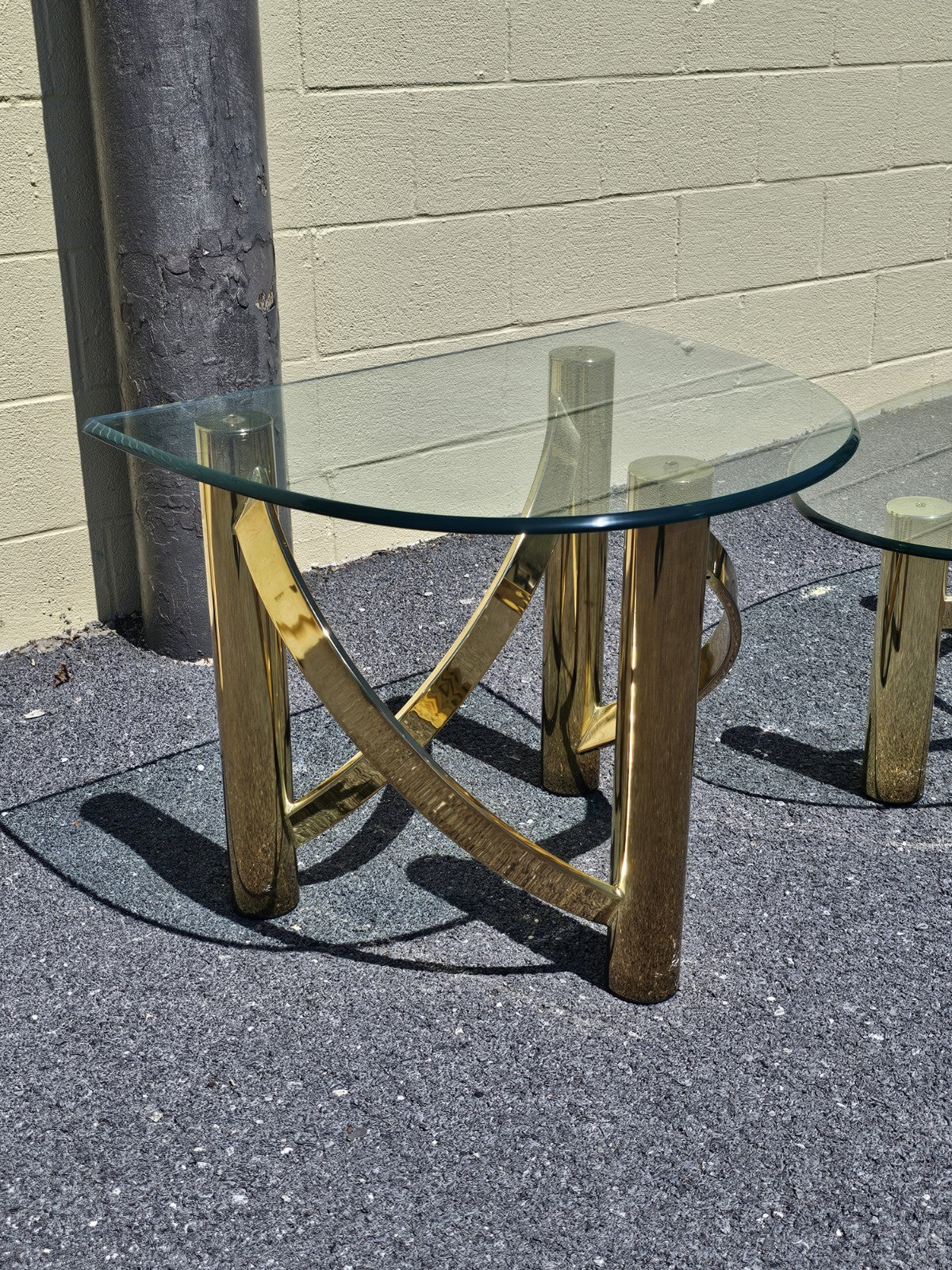 1980s Post Modern Tubular Brass & Beveled Glass Side Table Coffee Table Set
