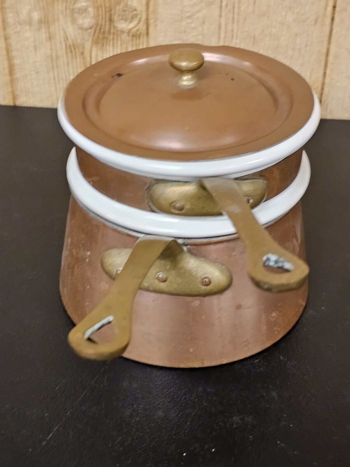 Vintage French Copper Brass Bazar Francais NY 666 Double Boiler 13" Wide X 7" Ta