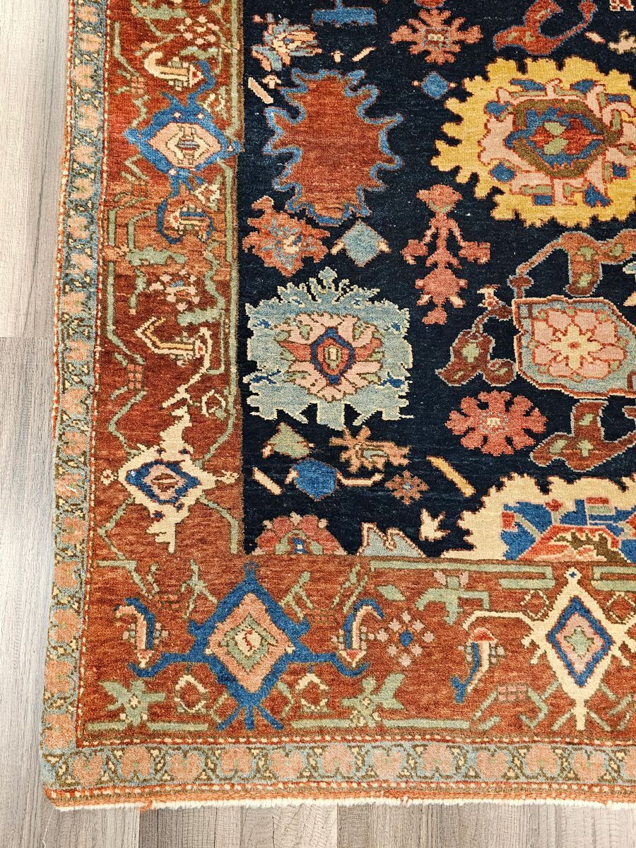 Handmade Turkish Tigris Rug w Floral Medallions on Blue Background 3' x 4'