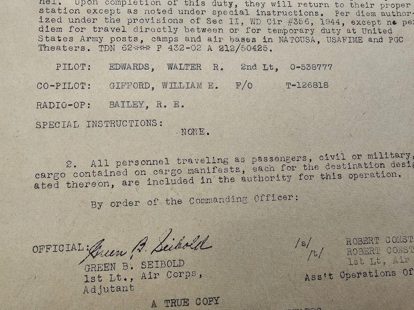 WW2 US Army Air Corps Pilot Official Flight Order Transporting C-46 Aircraft