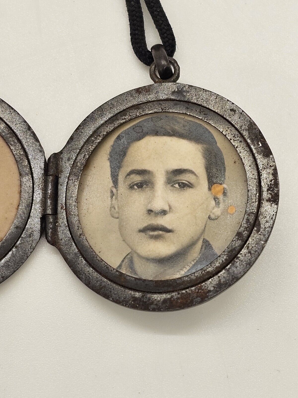 Vintage French Round Locket Medalion Pendant With Two Old Photos Dark Tone