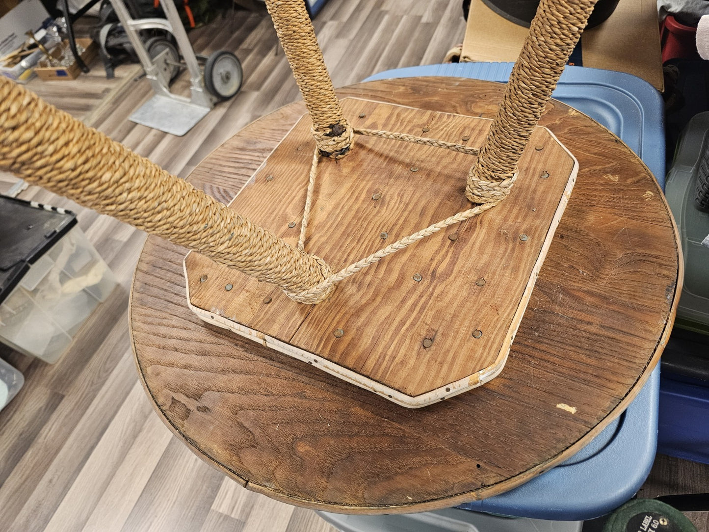 MCM Nautical Theme Side Table W Woven Rattan Top & Woven Rope Tripod Legs