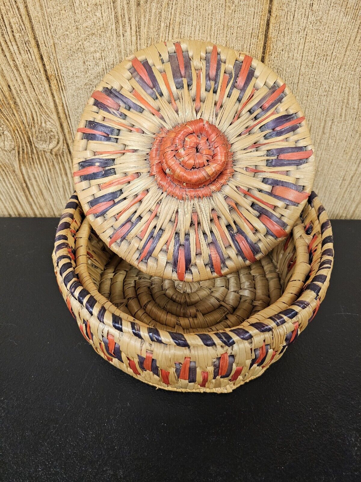 Vintage 1960s Mid-Century Hand Made Round Lidded Woven Basket Storage Sewing 9in