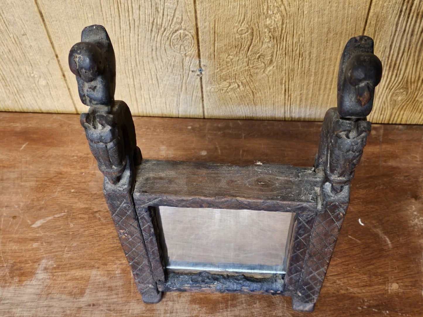 Antique Handmade Mirror Carved Teak Horsehead & Raven Tribal Scandinavian Viking