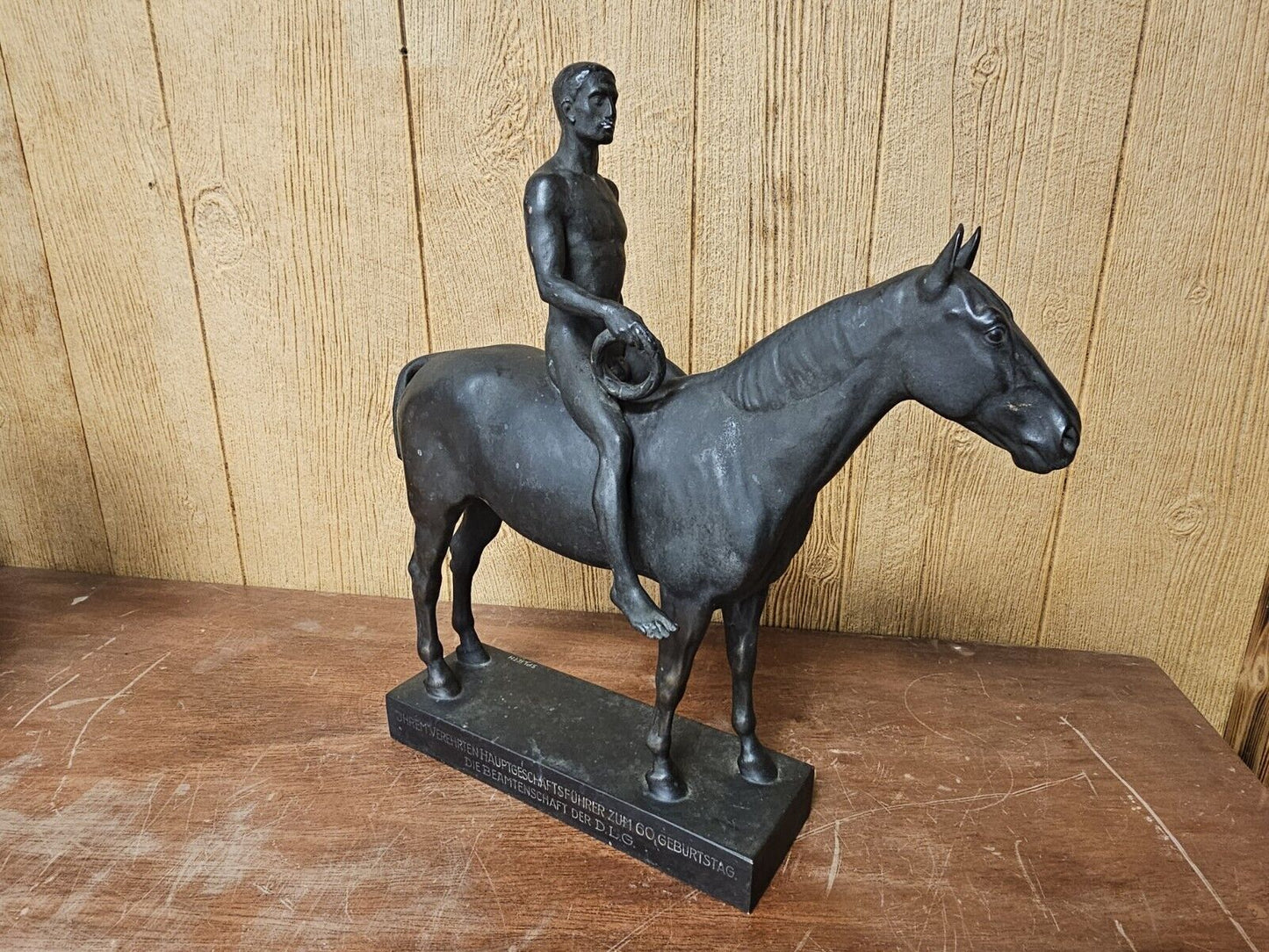 Vtg Heinrich Splieth Bronze Nude Man & Horse Statue Olympic Rider 27 Pounds