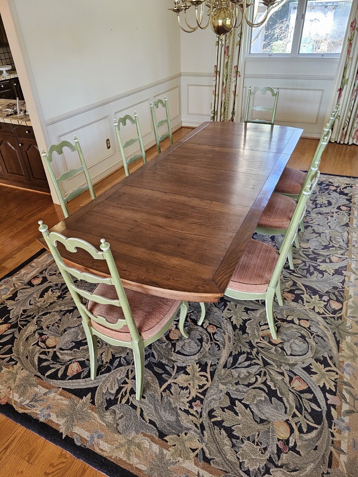 Wormy Chestnut Dining Table & 8 Chair Set 114 Inches Long On Modified Base