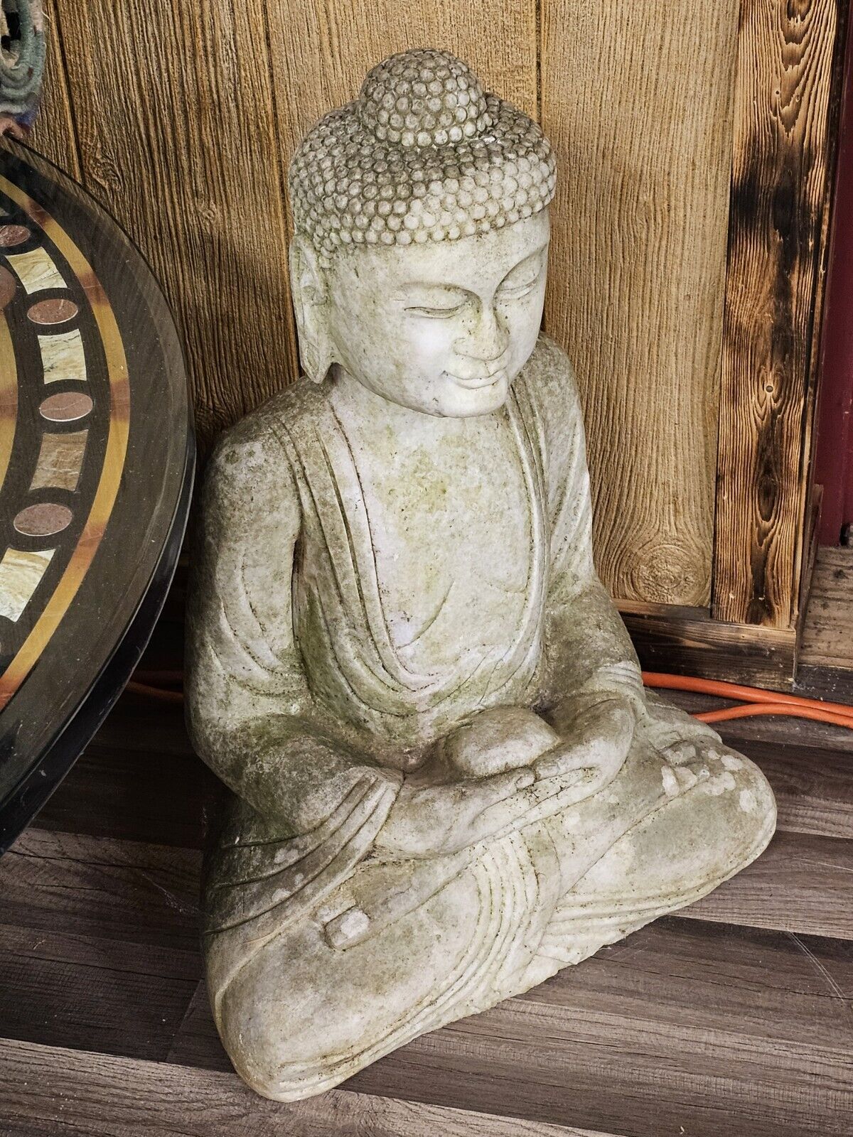 Chinese Oriental Distressed White Marble Stone Carved Sitting Buddha Very Heavy