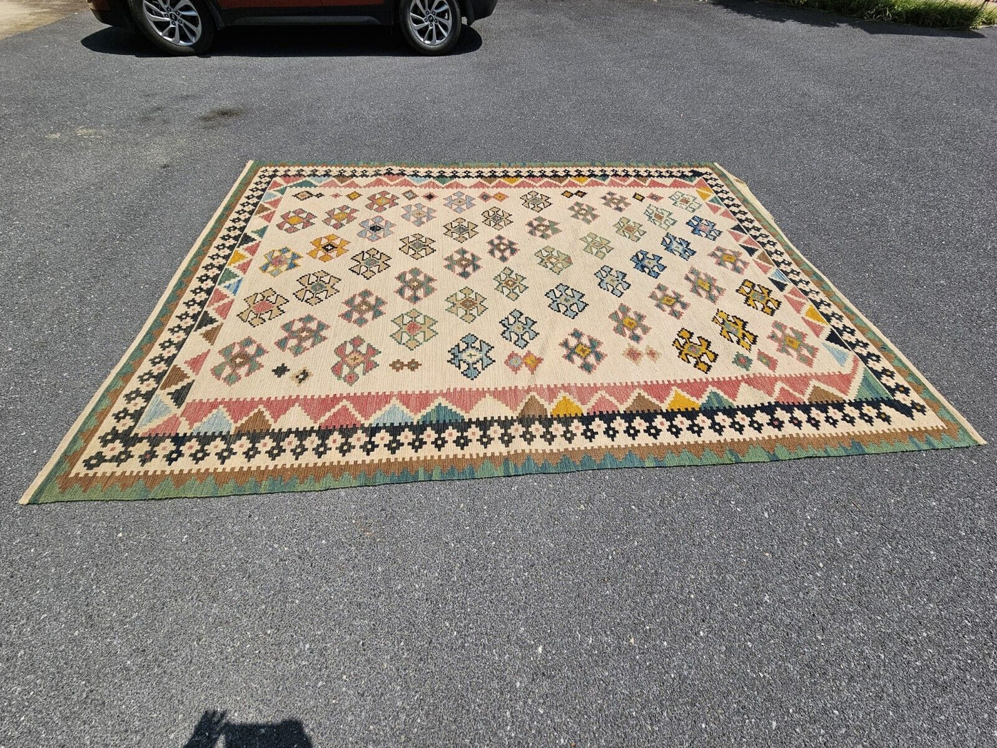 Vtg Moroccan? Handmade Flat Weave Reversible? Rug Geometric Motif 8' X 11'