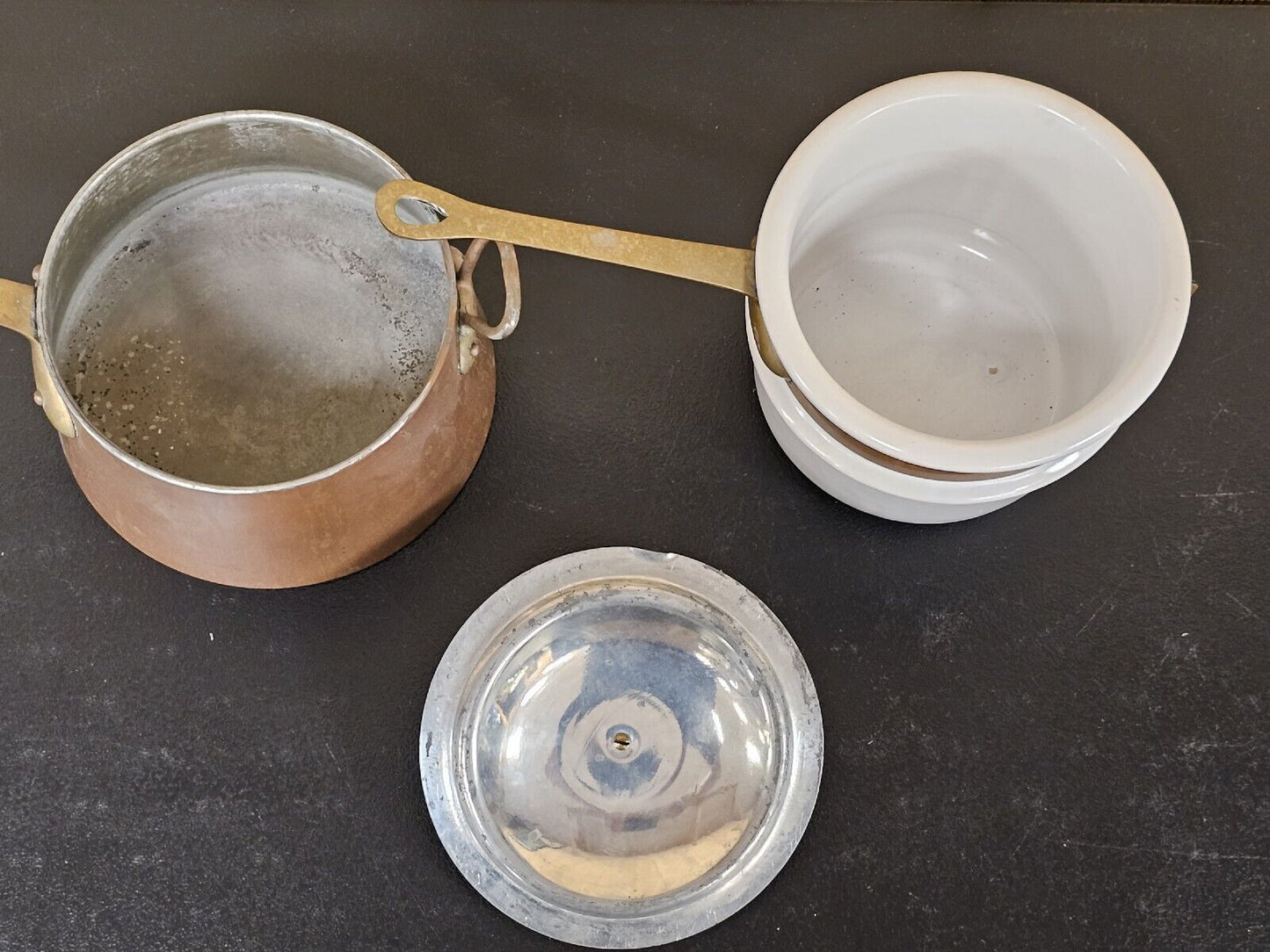 Vintage French Copper Brass Bazar Francais NY 666 Double Boiler 13" Wide X 7" Ta