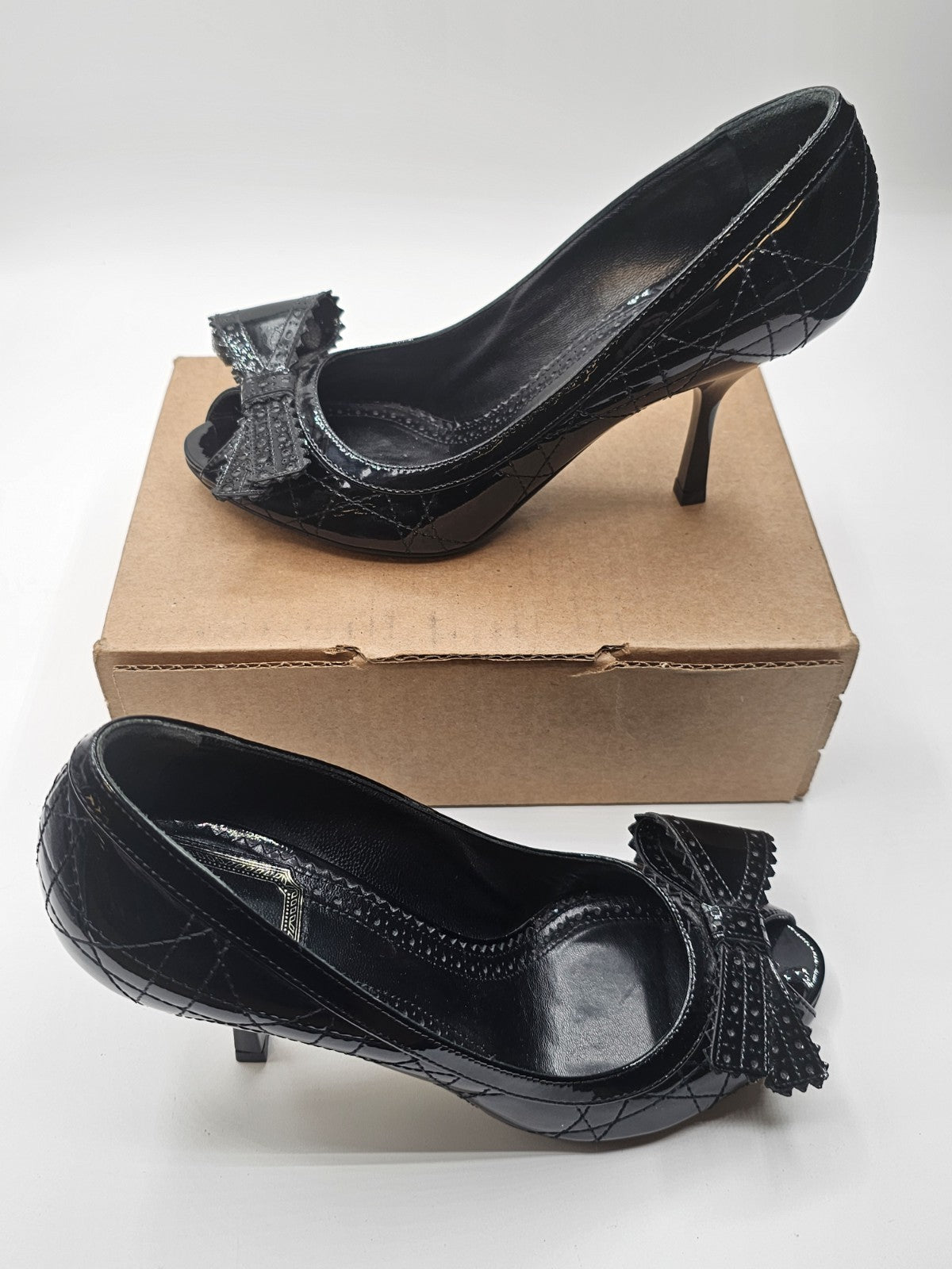 Christian Dior Black Canage Patent Leather Bow Peep Toe Pumps Size 36.5 Used