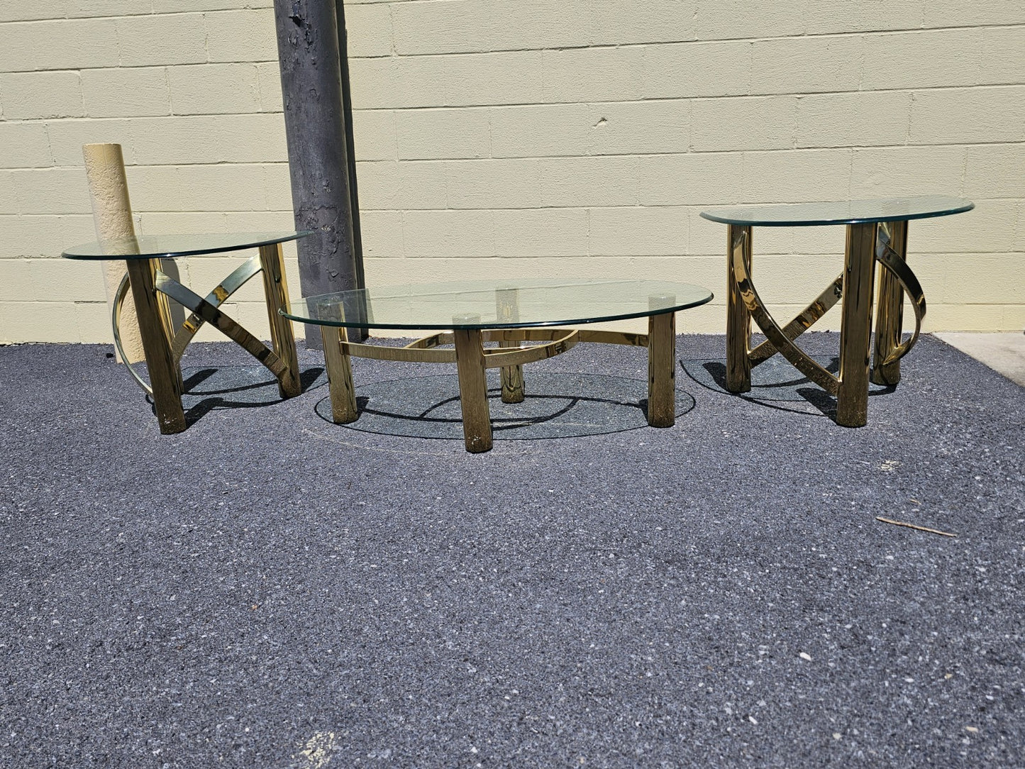 1980s Post Modern Tubular Brass & Beveled Glass Side Table Coffee Table Set