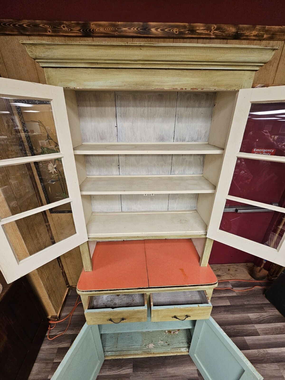 Antique Primitive Southern Country Farm Pine Storage Display Cabinet Green Hutch