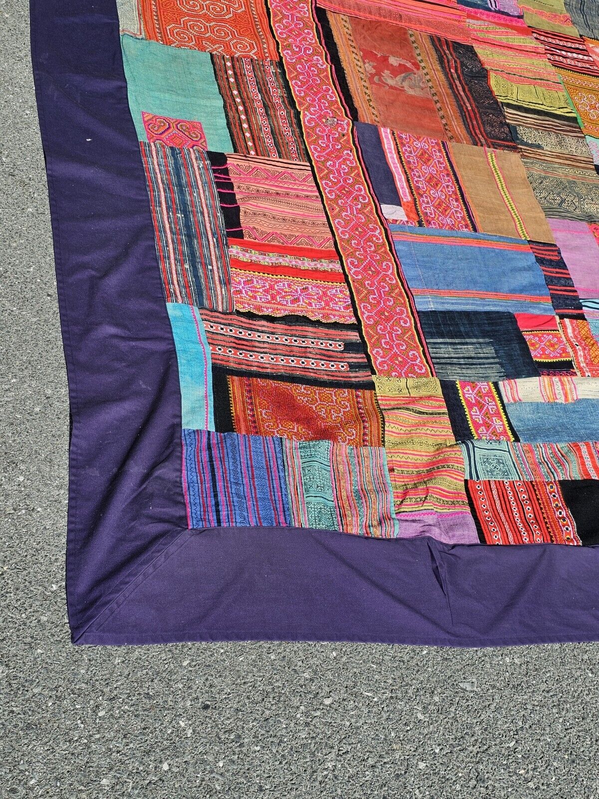 Vtg Tribal Indian Patchwork Quilt & Pillow Set Hand Stitched 99in X 96in