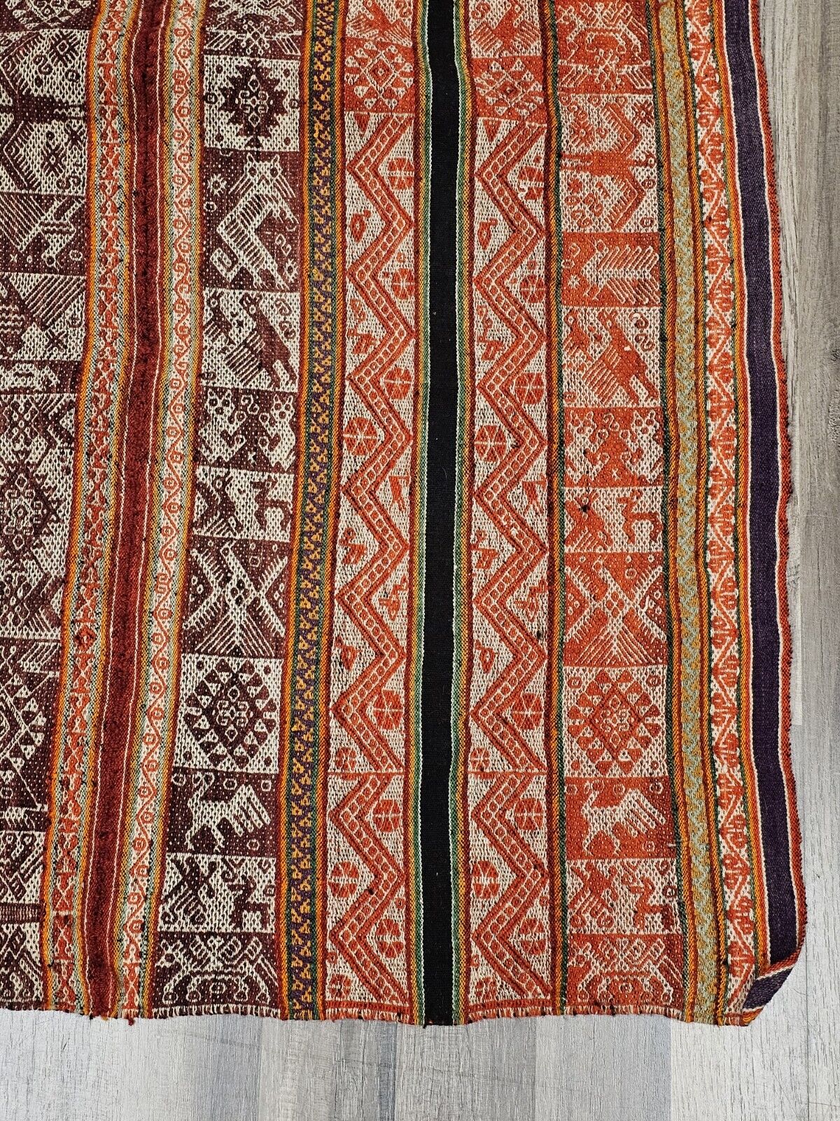 Vtg Peruvian Andean Mountain Pictorial Textile Manta 39" X 38" Red Prayer Rug