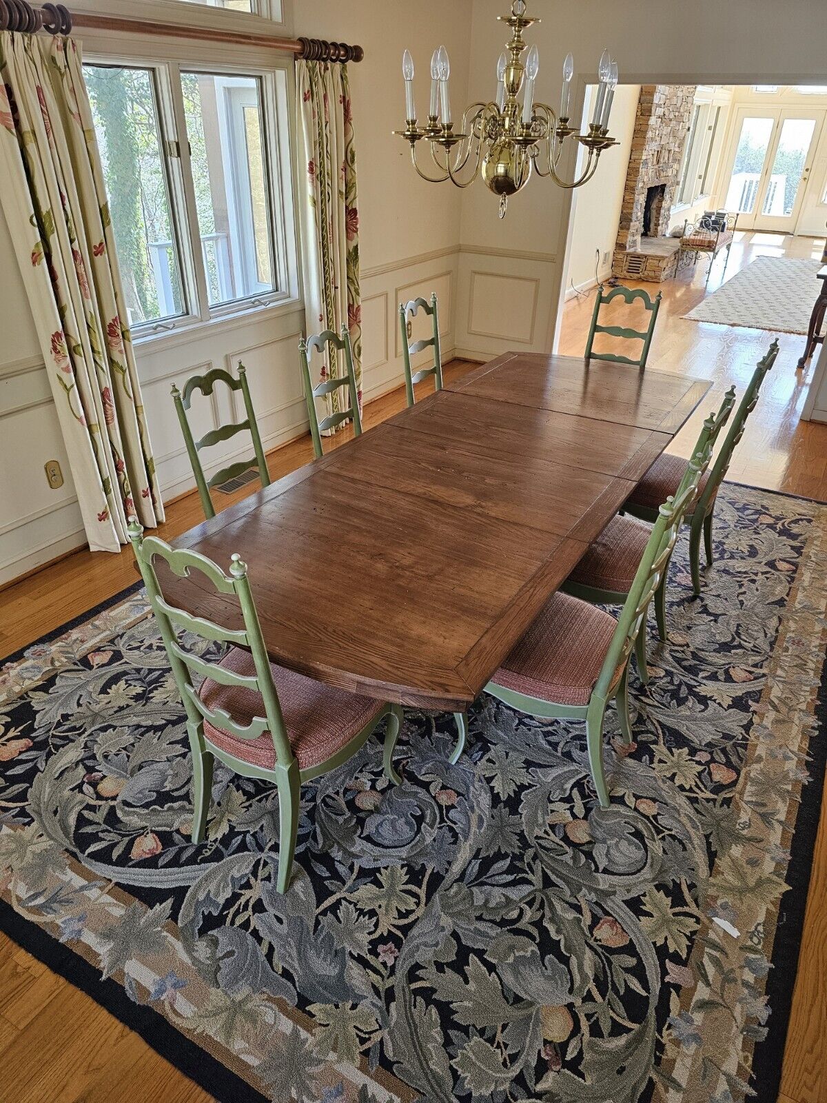 Wormy Chestnut Dining Table & 8 Chair Set 114 Inches Long On Modified Base