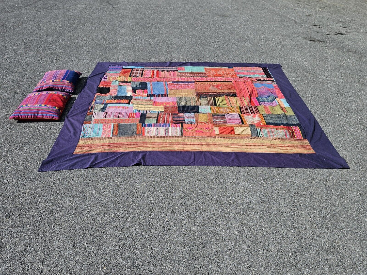Vtg Tribal Indian Patchwork Quilt & Pillow Set Hand Stitched 99in X 96in