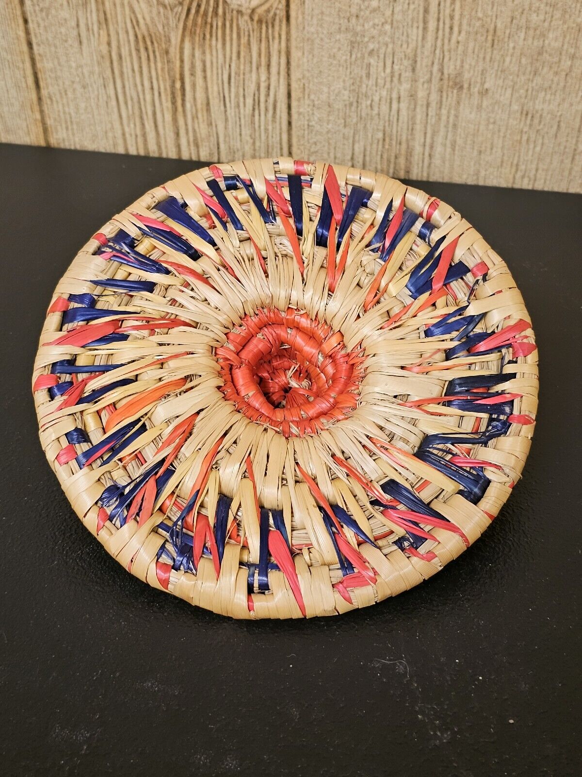 Vintage 1960s Mid-Century Hand Made Round Lidded Woven Basket Storage Sewing 9in