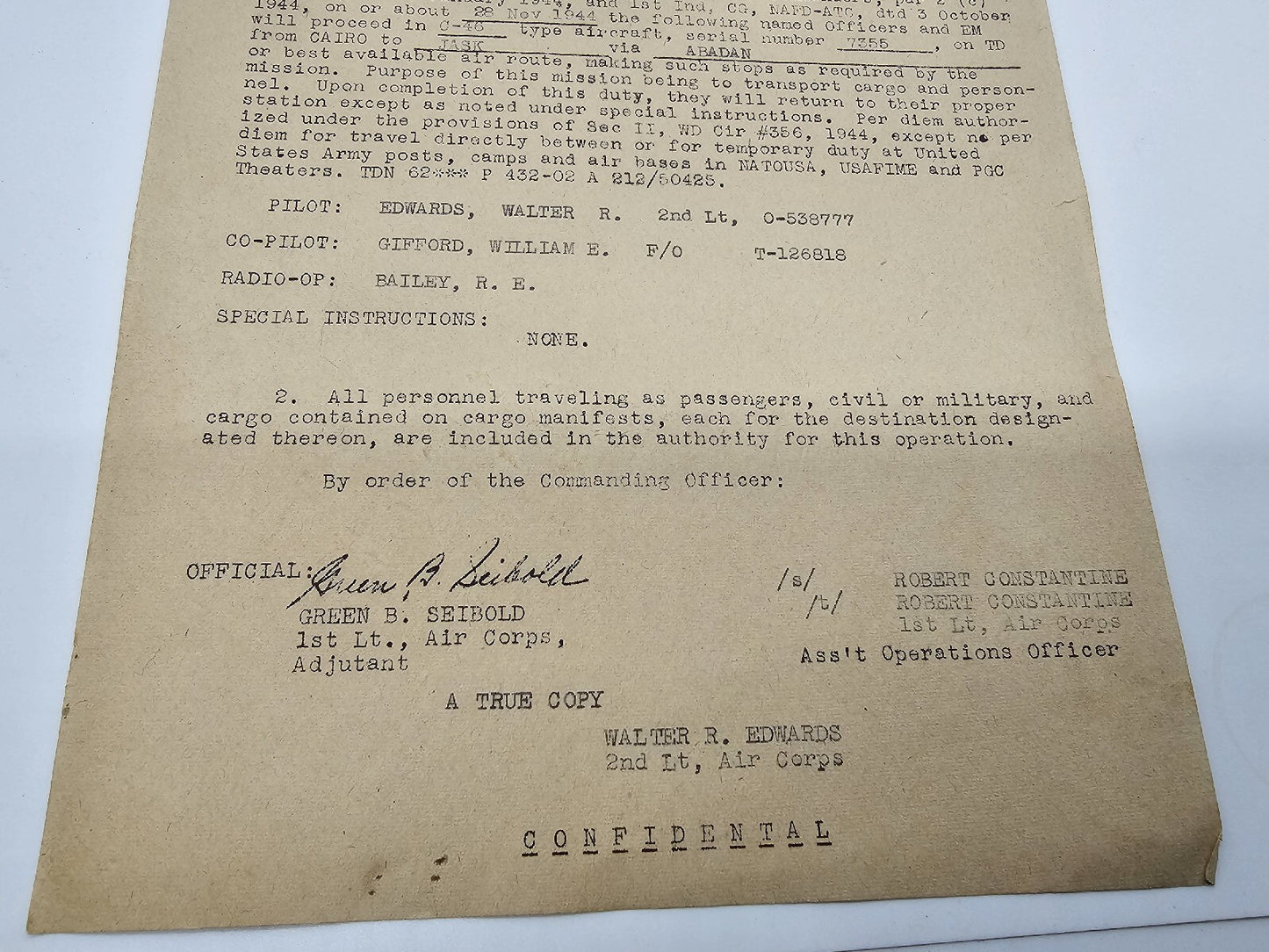 WW2 US Army Air Corps Pilot Official Flight Order Transporting C-46 Aircraft