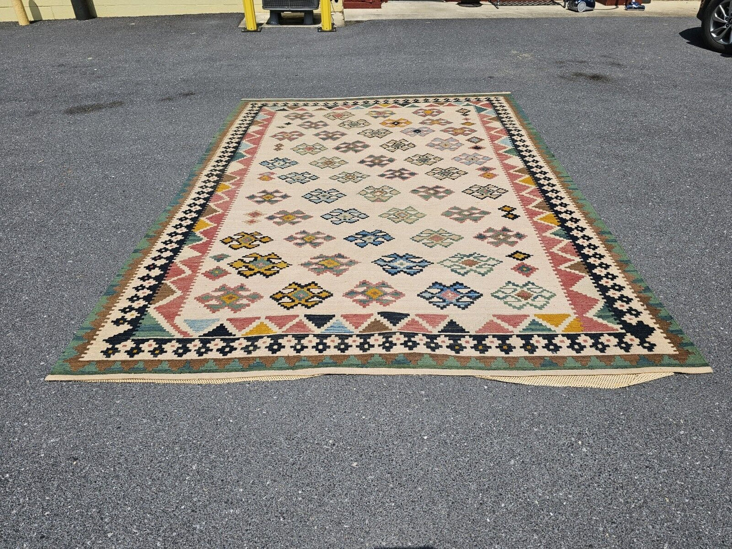 Vtg Moroccan? Handmade Flat Weave Reversible? Rug Geometric Motif 8' X 11'