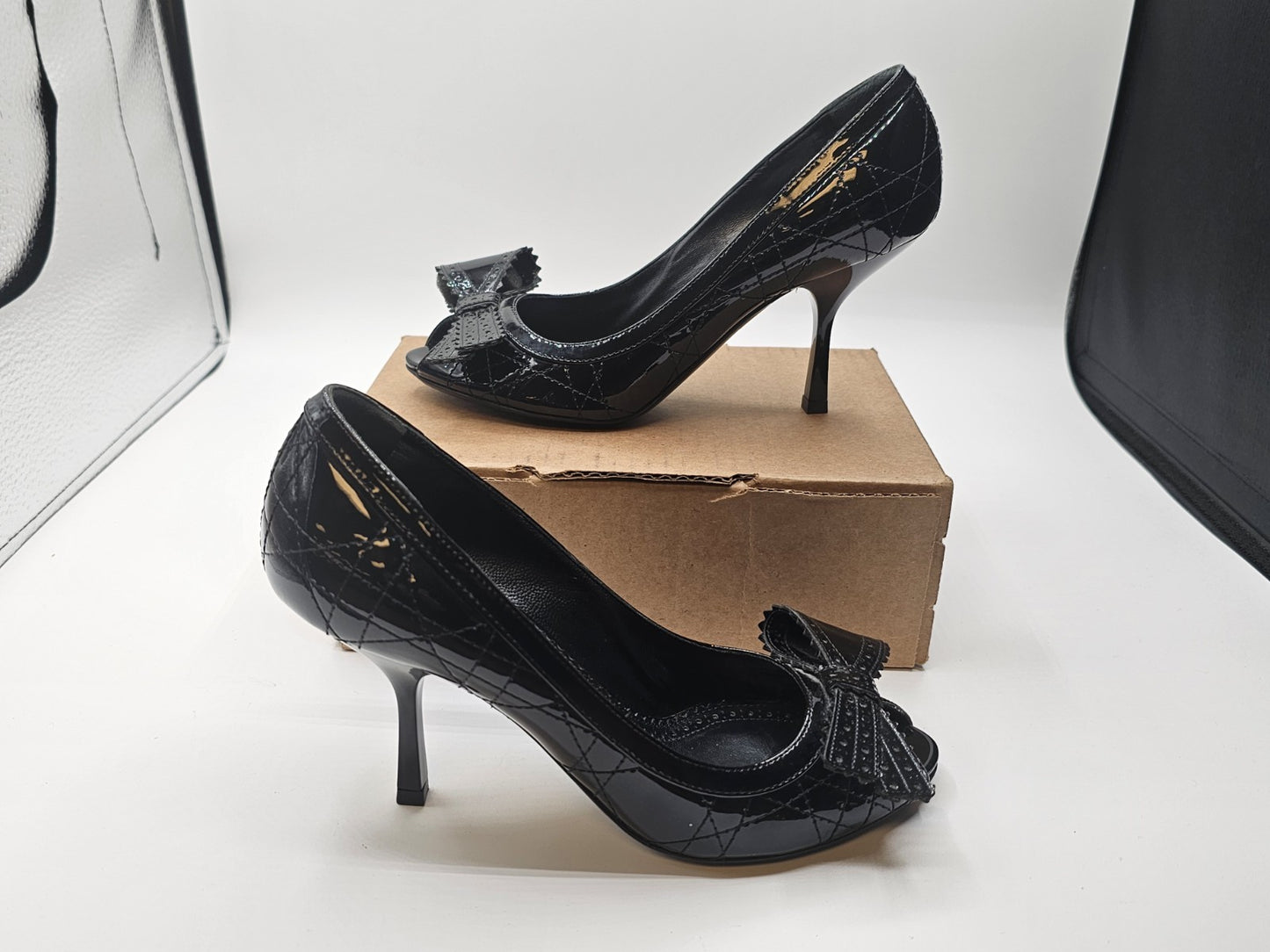 Christian Dior Black Canage Patent Leather Bow Peep Toe Pumps Size 36.5 Used