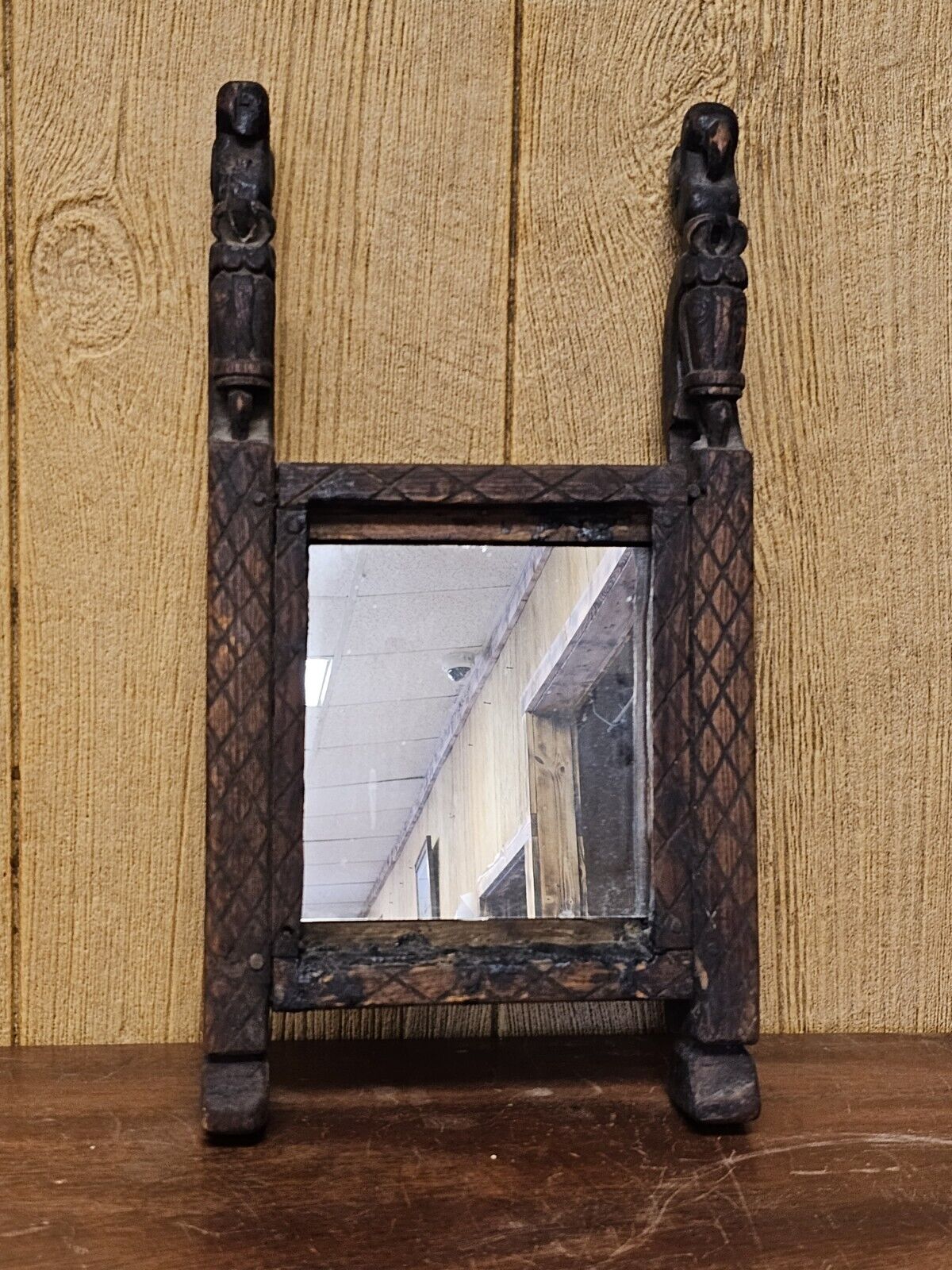 Antique Handmade Mirror Carved Teak Horsehead & Raven Tribal Scandinavian Viking