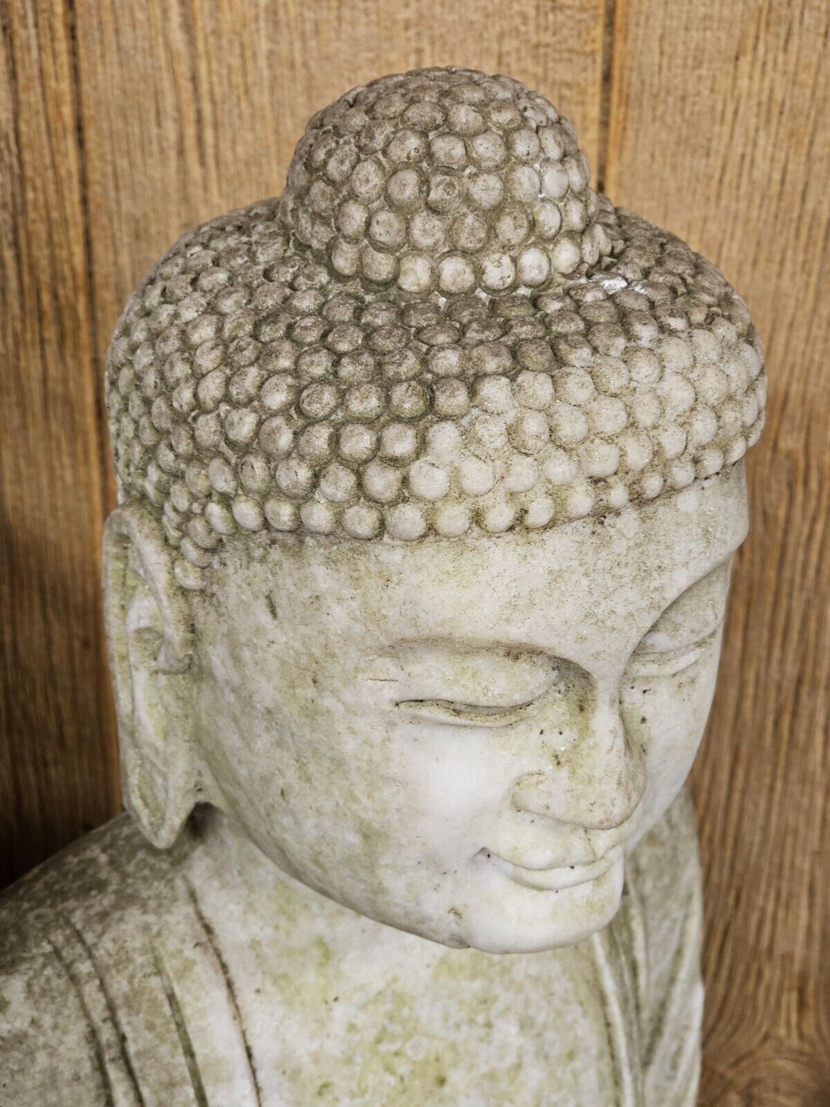 Chinese Oriental Distressed White Marble Stone Carved Sitting Buddha Very Heavy