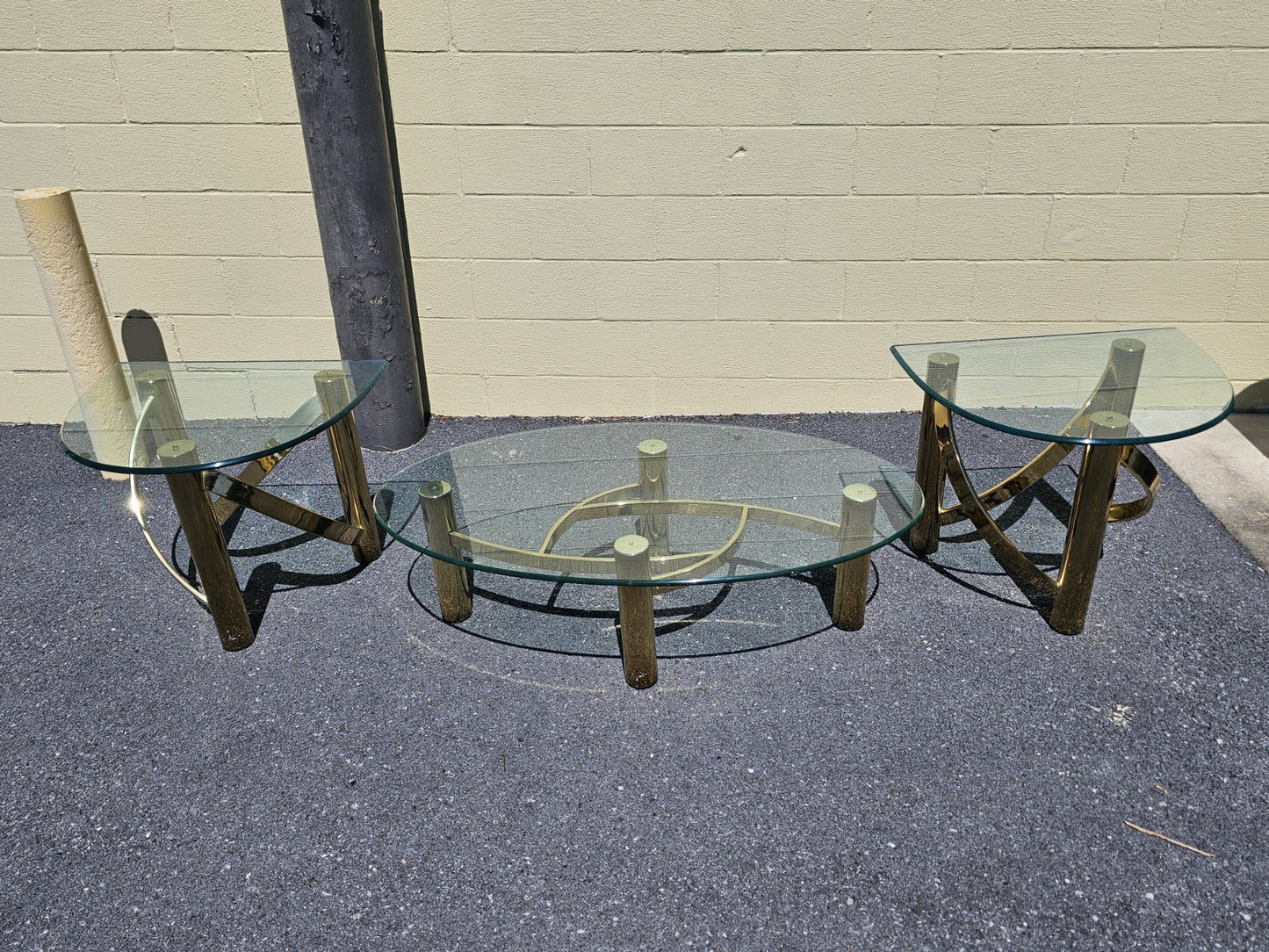 1980s Post Modern Tubular Brass & Beveled Glass Side Table Coffee Table Set