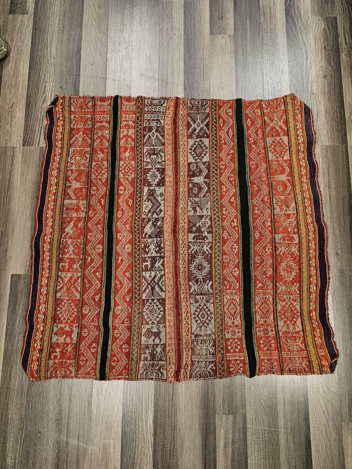 Vtg Peruvian Andean Mountain Pictorial Textile Manta 39" X 38" Red Prayer Rug